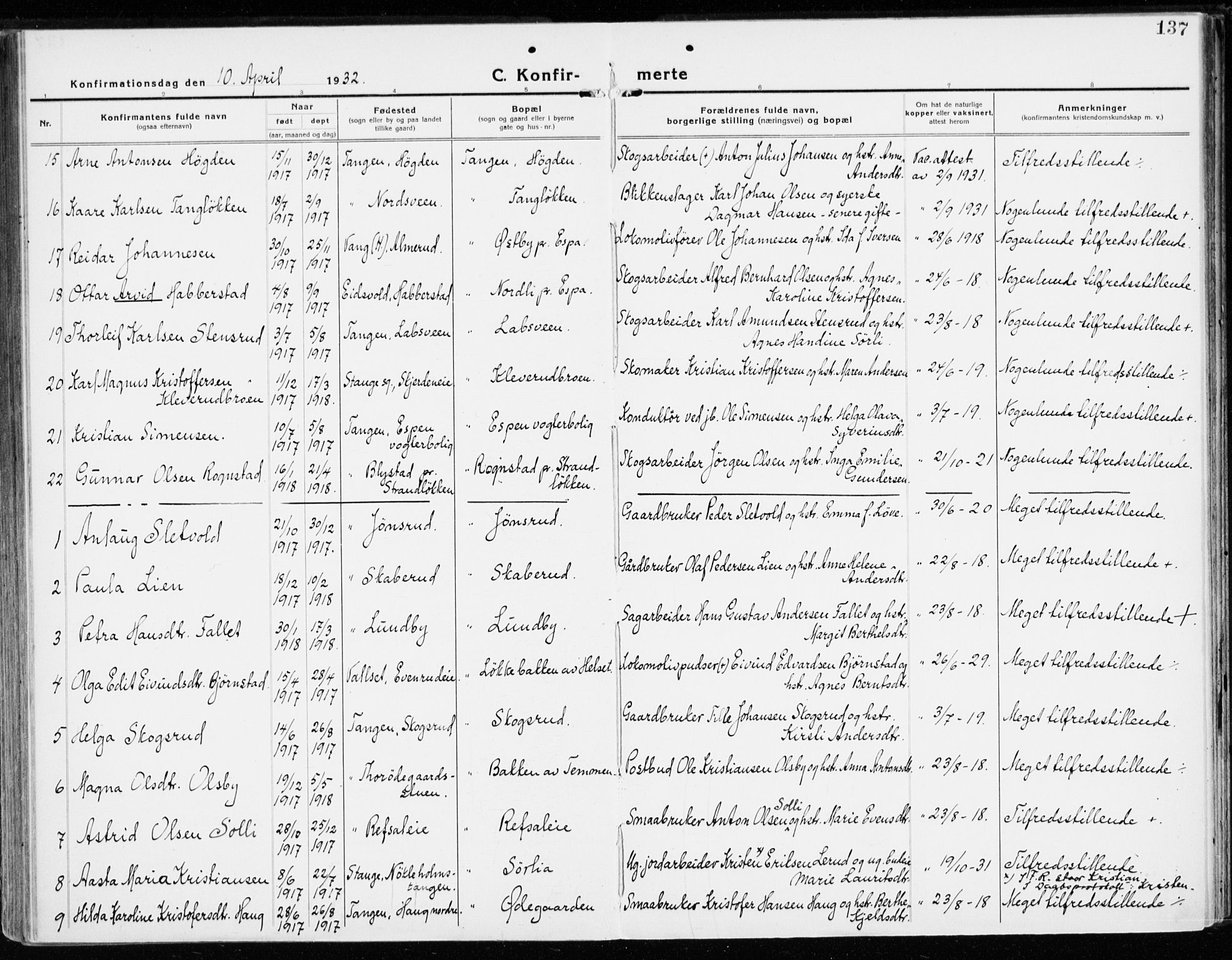 Stange prestekontor, AV/SAH-PREST-002/K/L0025: Parish register (official) no. 25, 1921-1945, p. 137