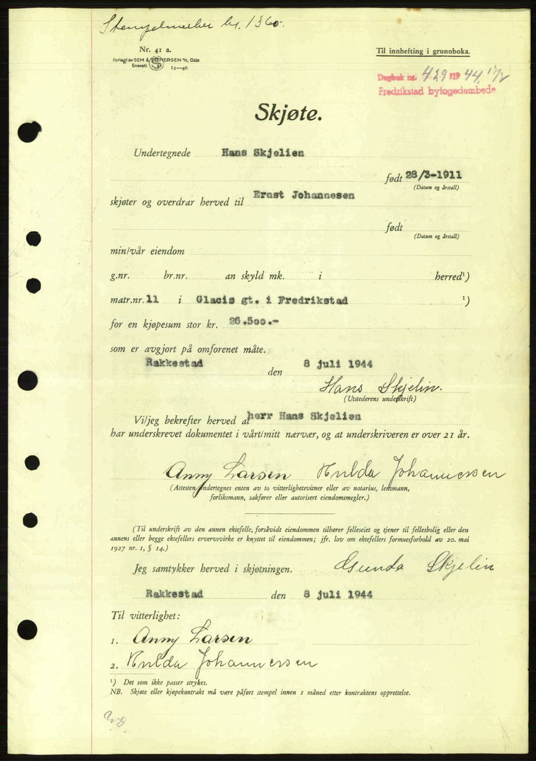 Fredrikstad byfogd, AV/SAO-A-10473a/G/Ga/Gac/L0002: Mortgage book no. A32a, 1940-1945, Diary no: : 429/1944