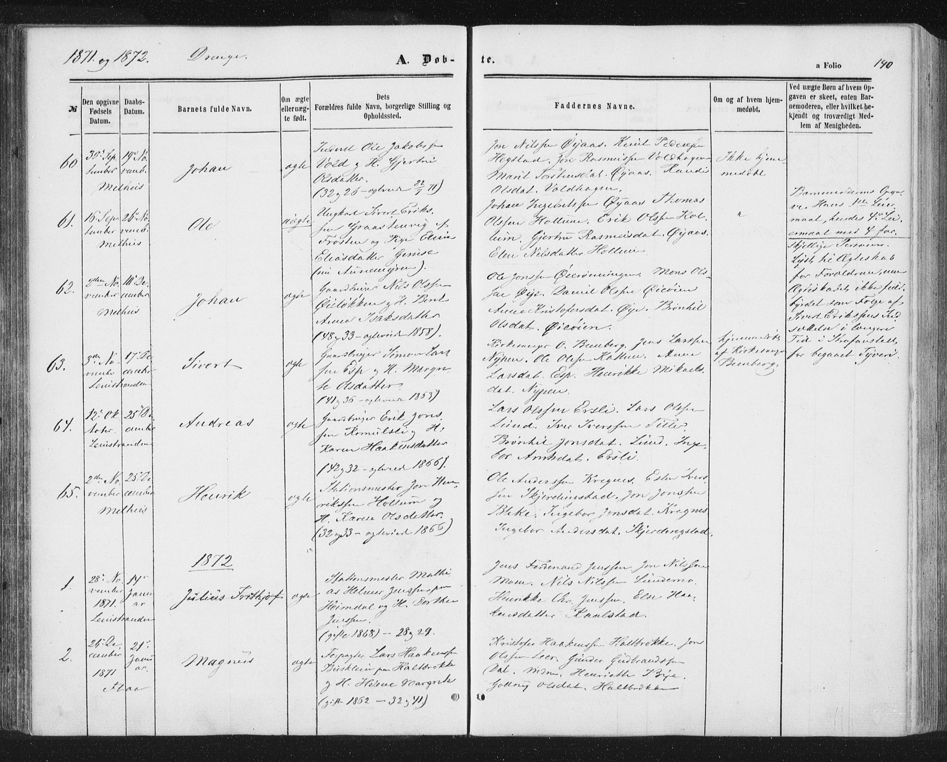 Ministerialprotokoller, klokkerbøker og fødselsregistre - Sør-Trøndelag, SAT/A-1456/691/L1077: Parish register (official) no. 691A09, 1862-1873, p. 140