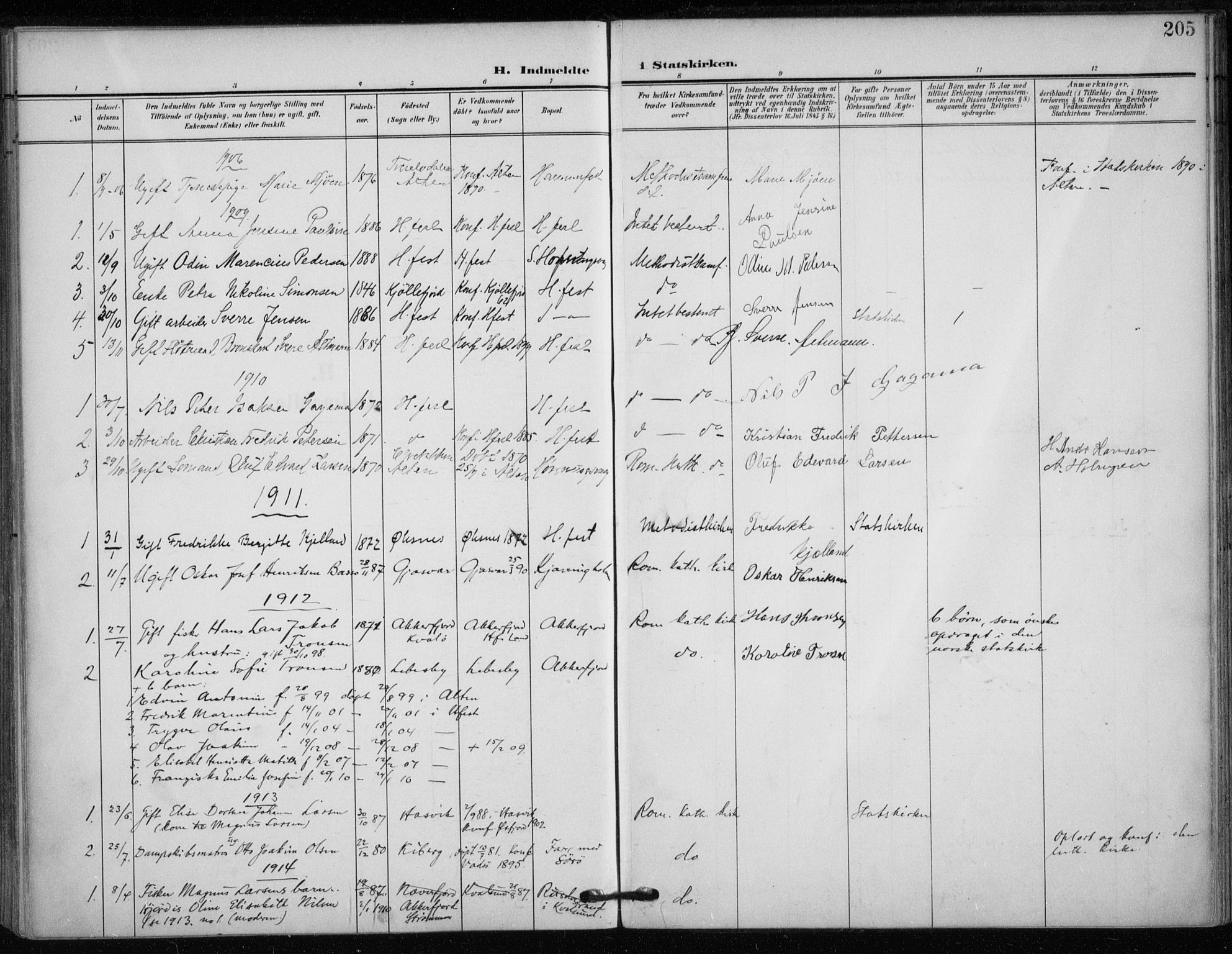 Hammerfest sokneprestkontor, SATØ/S-1347/H/Ha/L0014.kirke: Parish register (official) no. 14, 1906-1916, p. 205