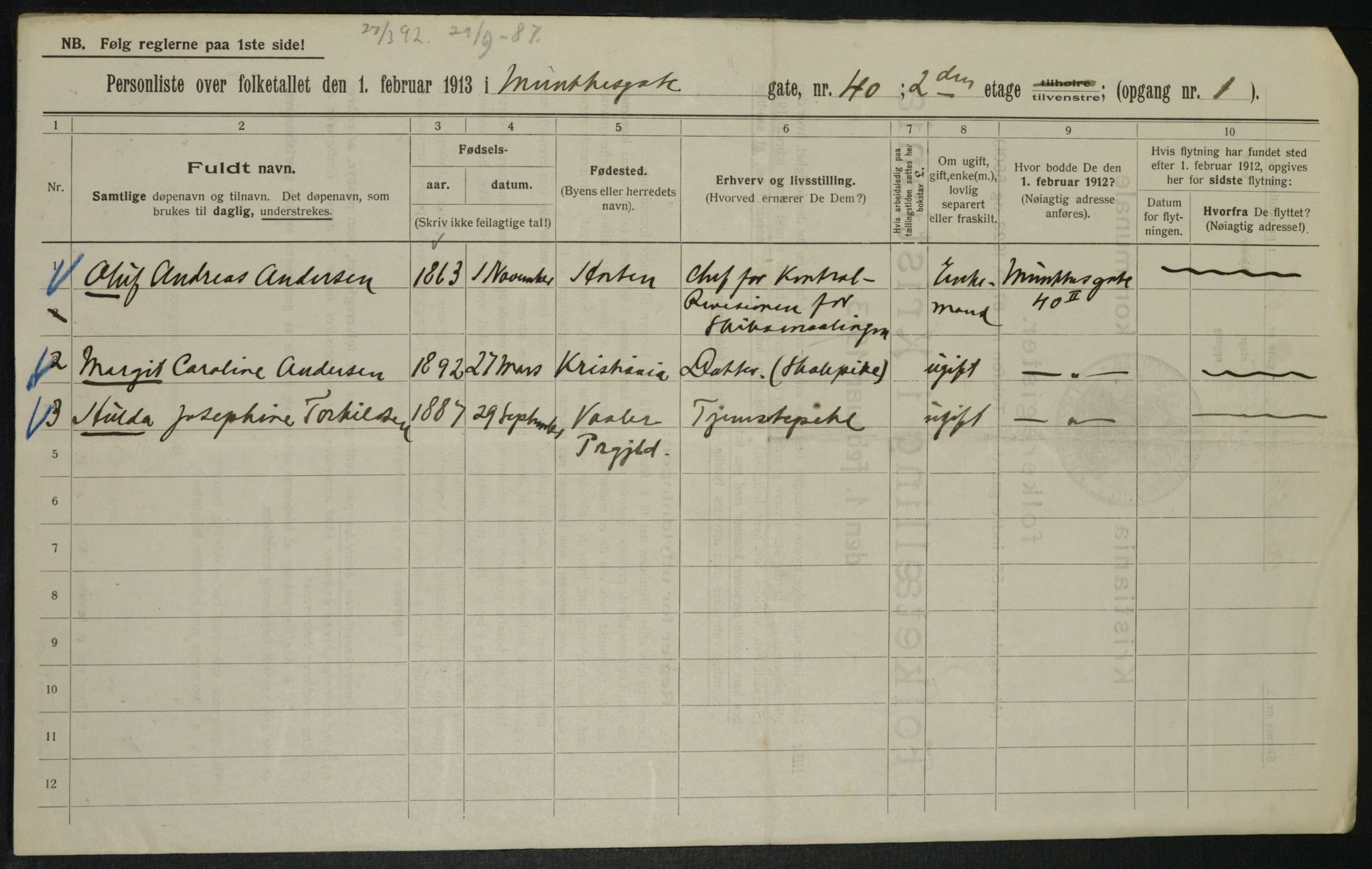 OBA, Municipal Census 1913 for Kristiania, 1913, p. 68130