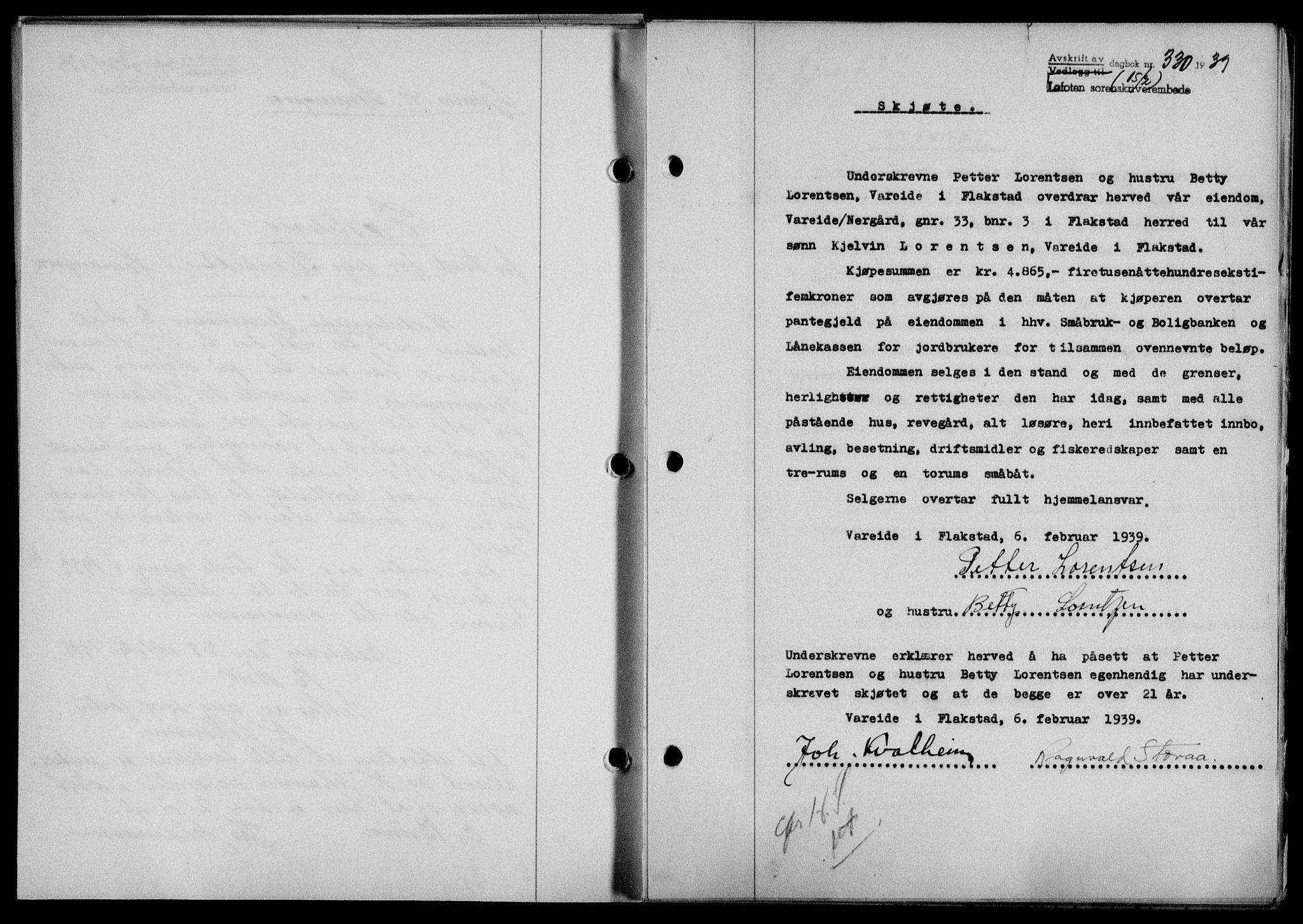 Lofoten sorenskriveri, SAT/A-0017/1/2/2C/L0005a: Mortgage book no. 5a, 1939-1939, Diary no: : 330/1939