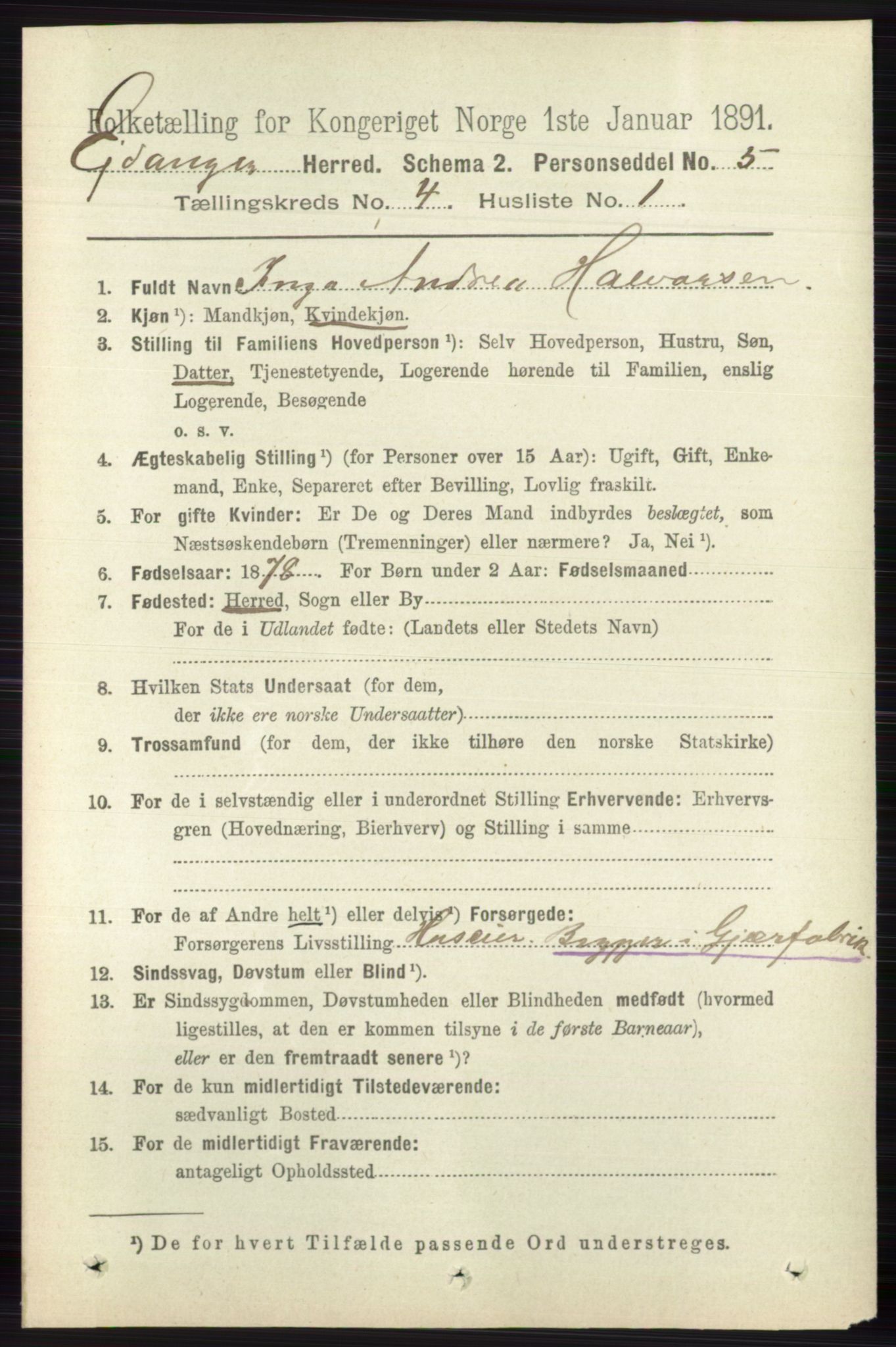 RA, 1891 census for 0813 Eidanger, 1891, p. 1945