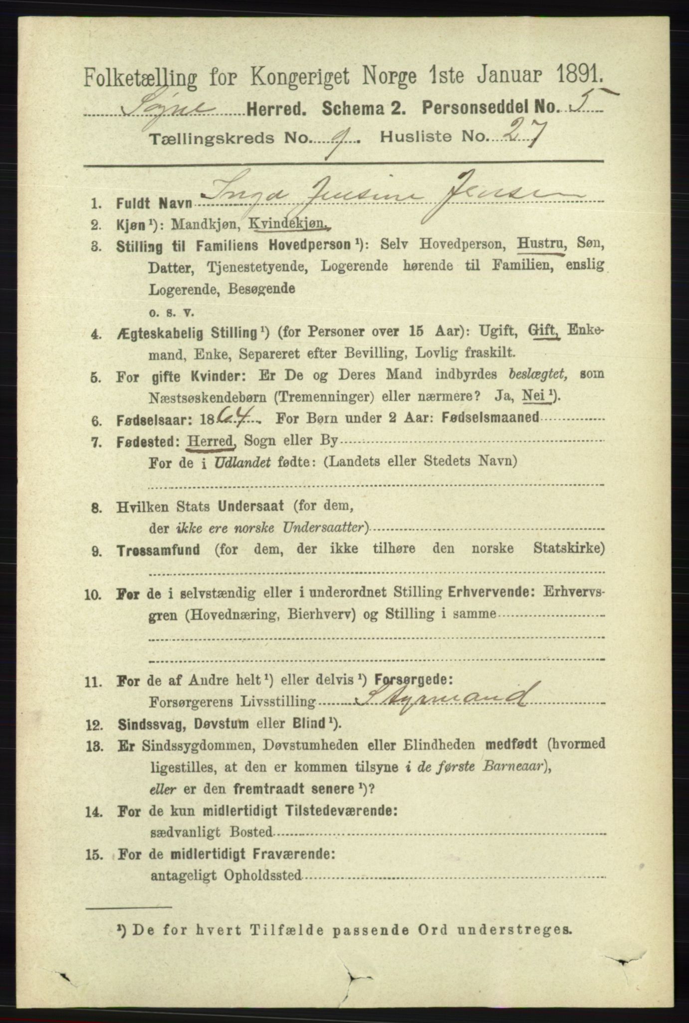 RA, 1891 census for 1018 Søgne, 1891, p. 2673