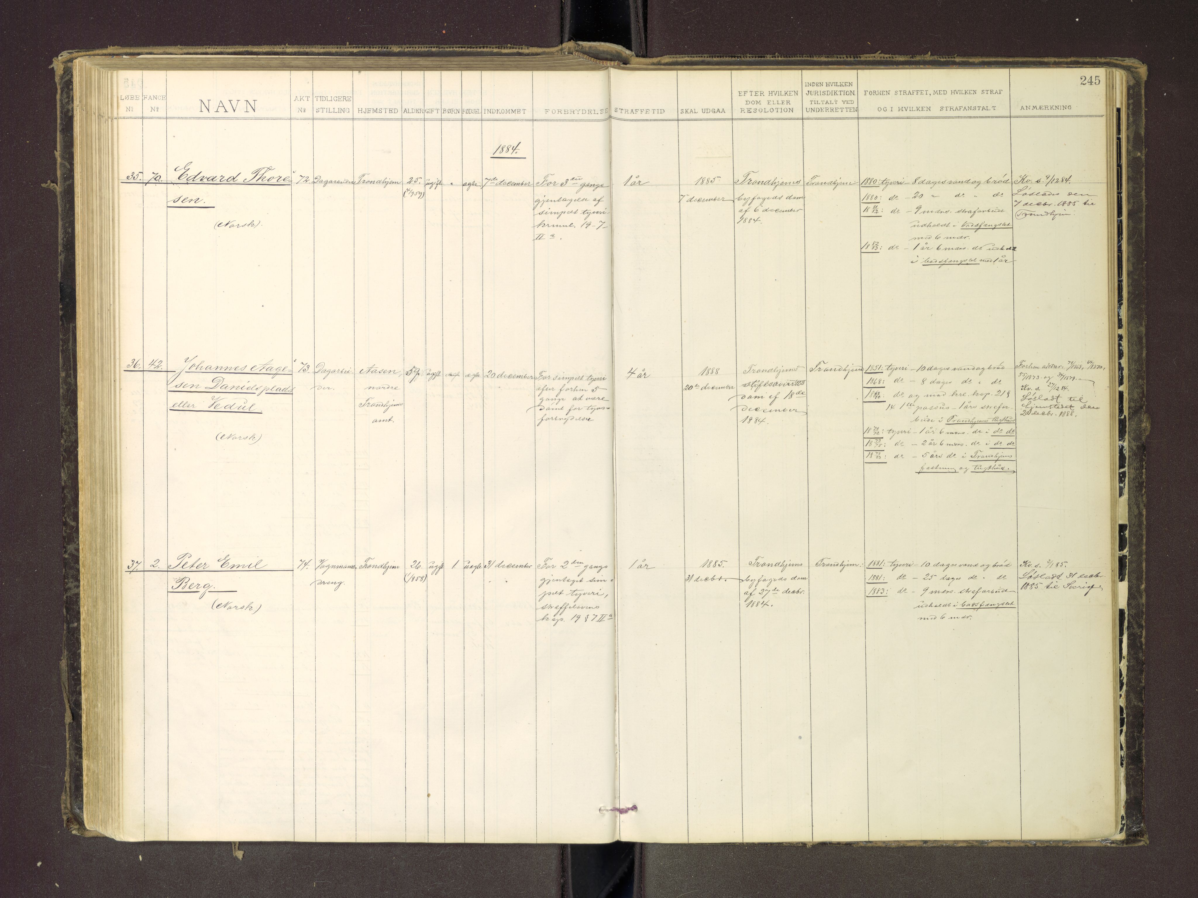 Trondheim tukthus, SAT/A-4619/05/65/L0035: 65.35 Fangeprotokoll m/reg, 1878-1885, p. 245