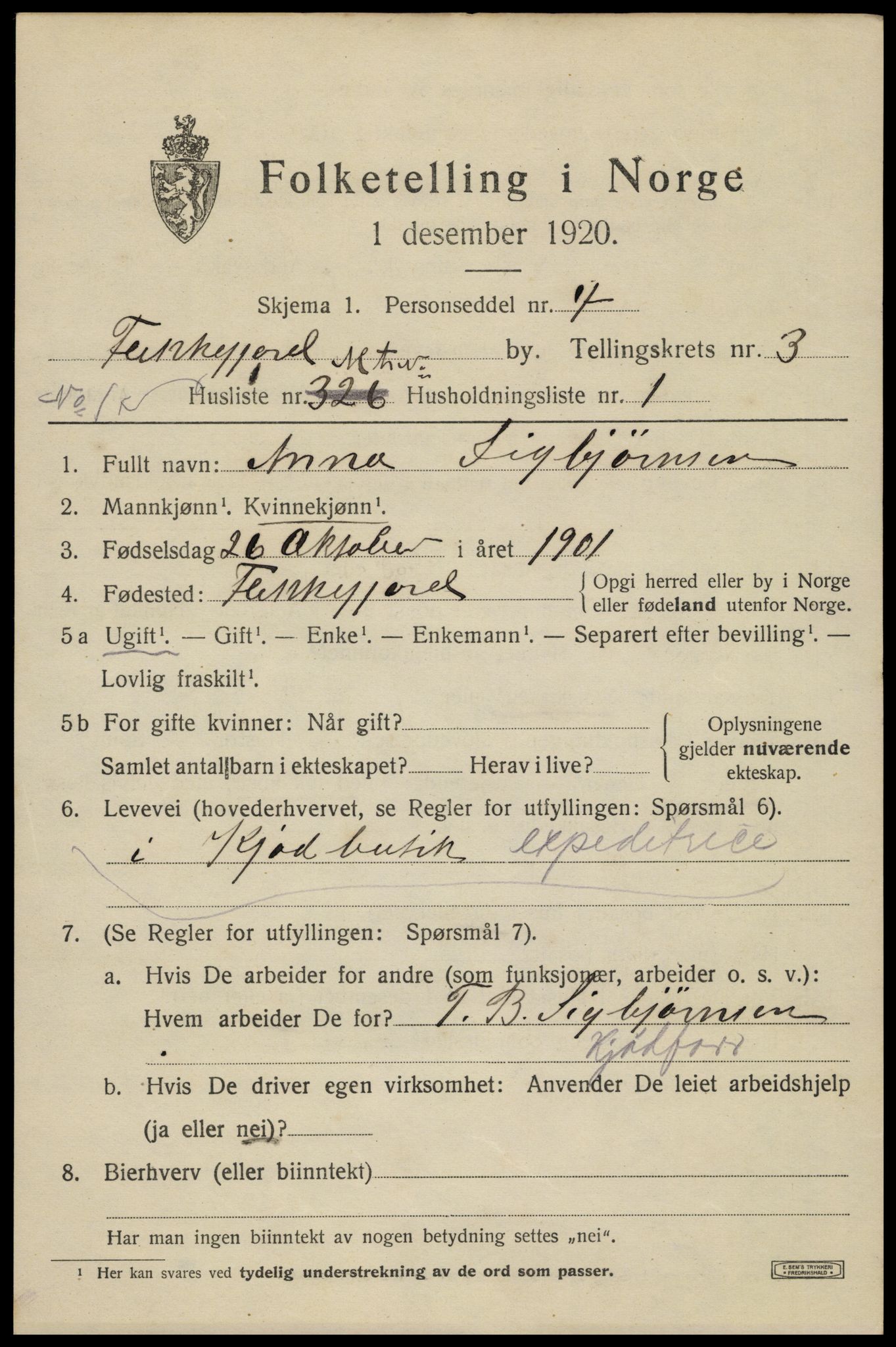 SAK, 1920 census for Flekkefjord, 1920, p. 3412