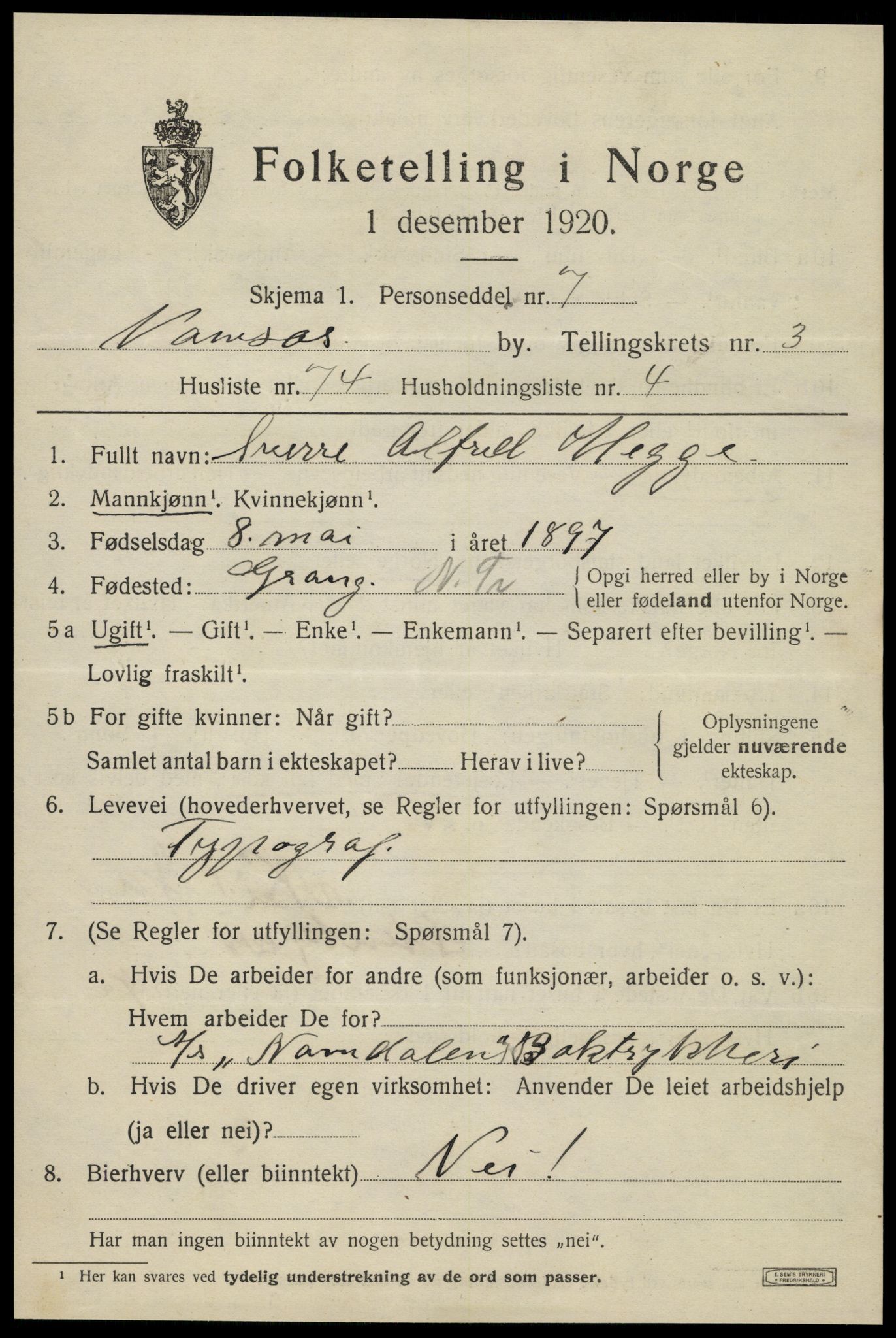 SAT, 1920 census for Namsos, 1920, p. 4833