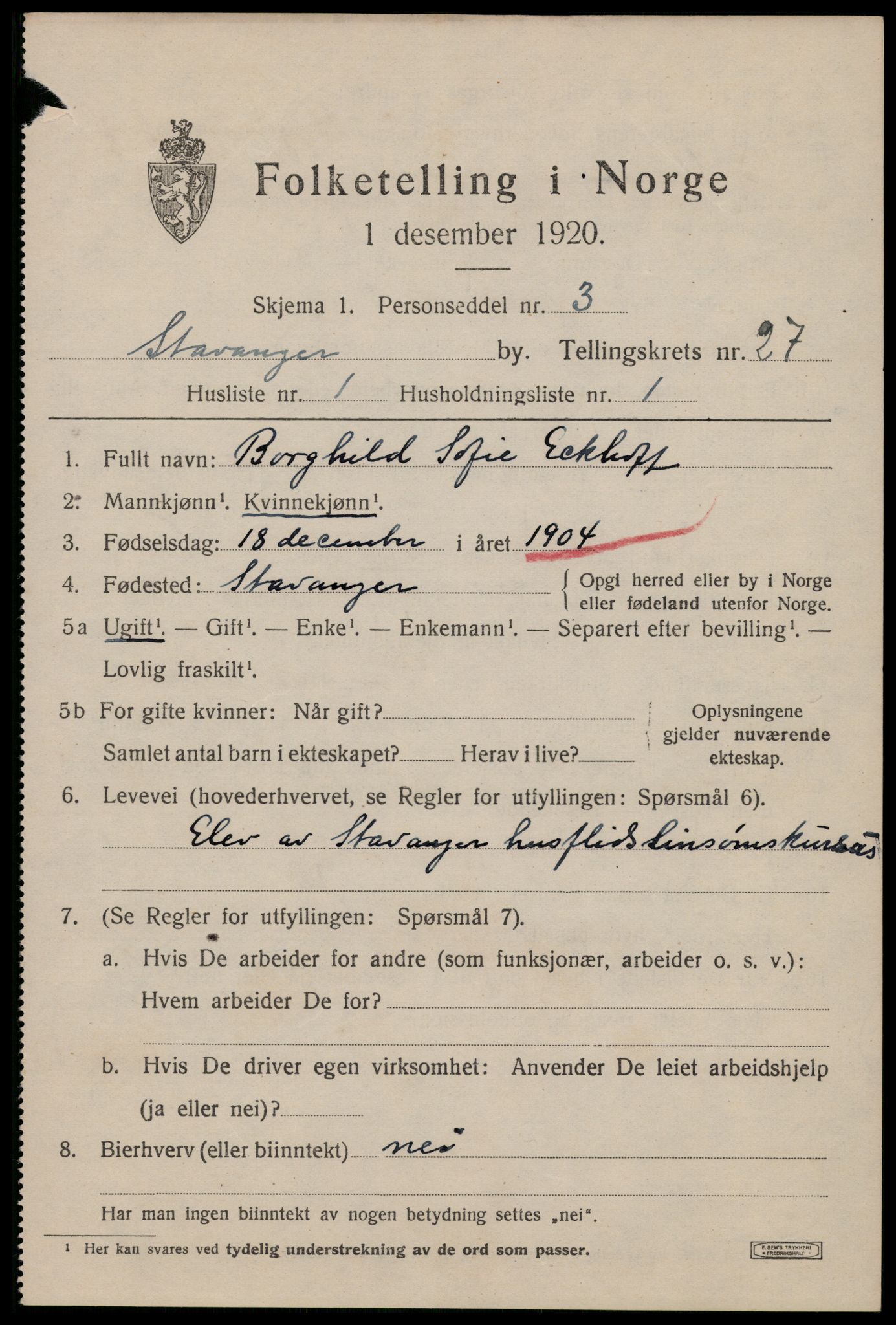 SAST, 1920 census for Stavanger, 1920, p. 79058