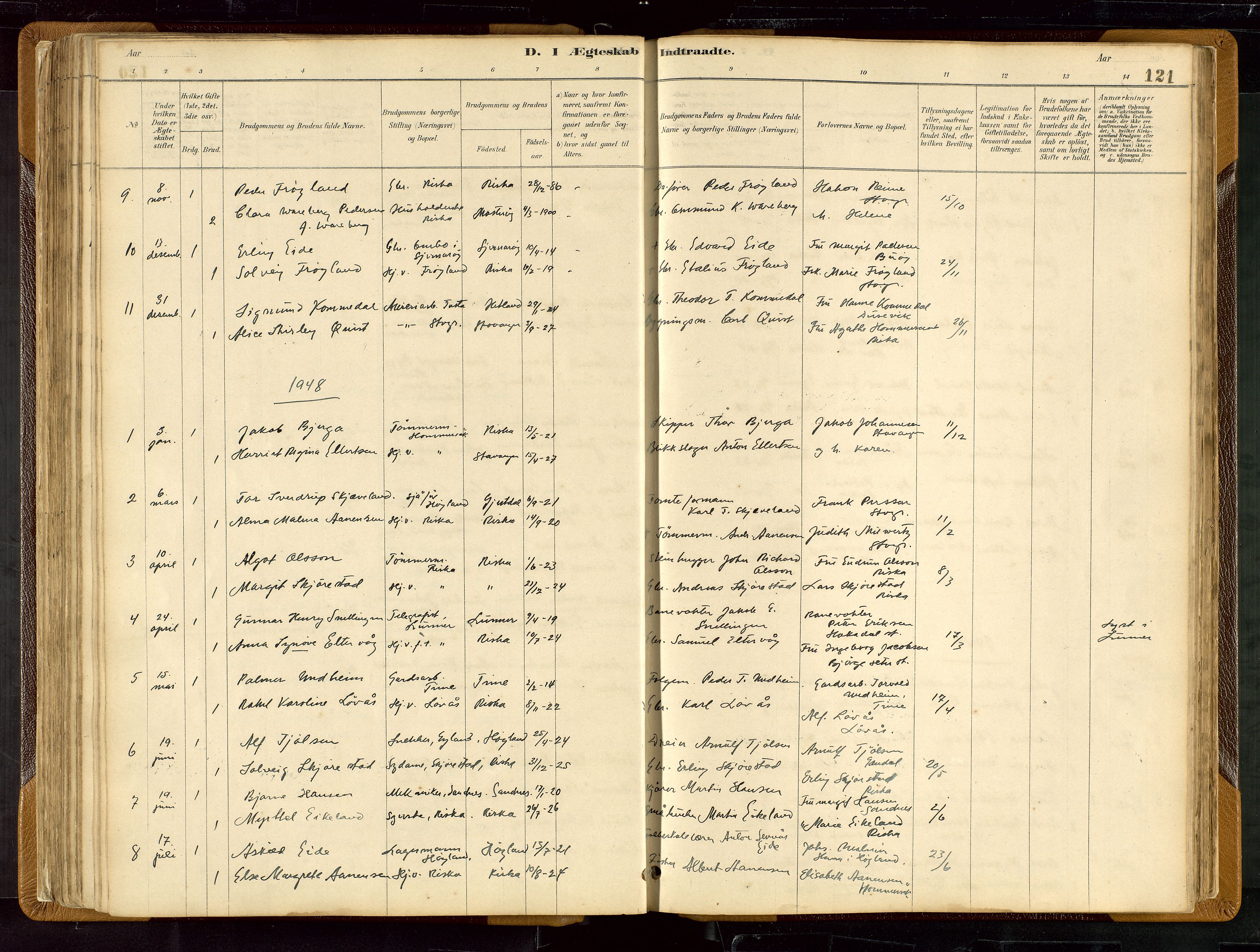 Hetland sokneprestkontor, SAST/A-101826/30/30BB/L0007: Parish register (copy) no. B 7, 1878-1910, p. 121