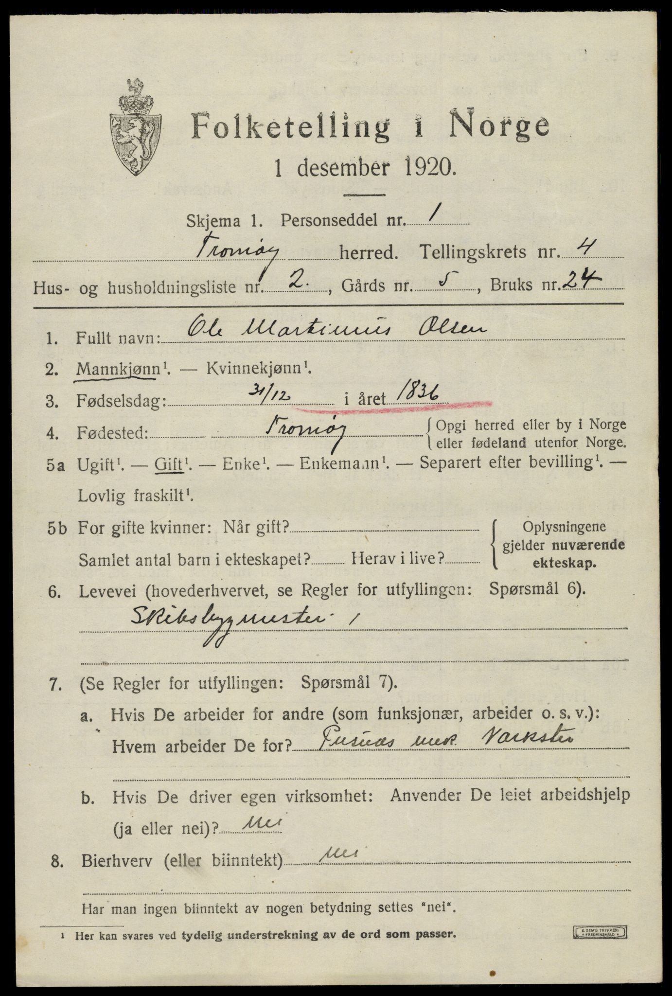 SAK, 1920 census for Tromøy, 1920, p. 2383