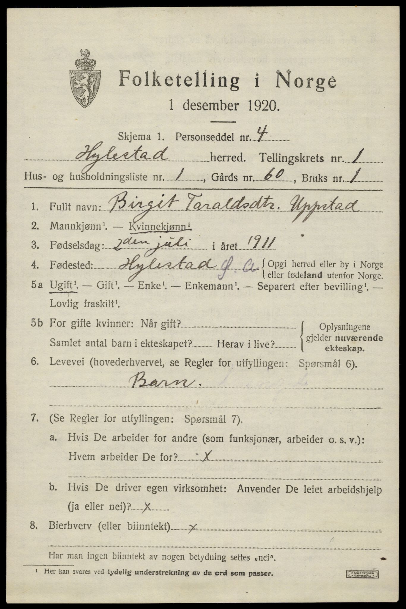 SAK, 1920 census for Hylestad, 1920, p. 286