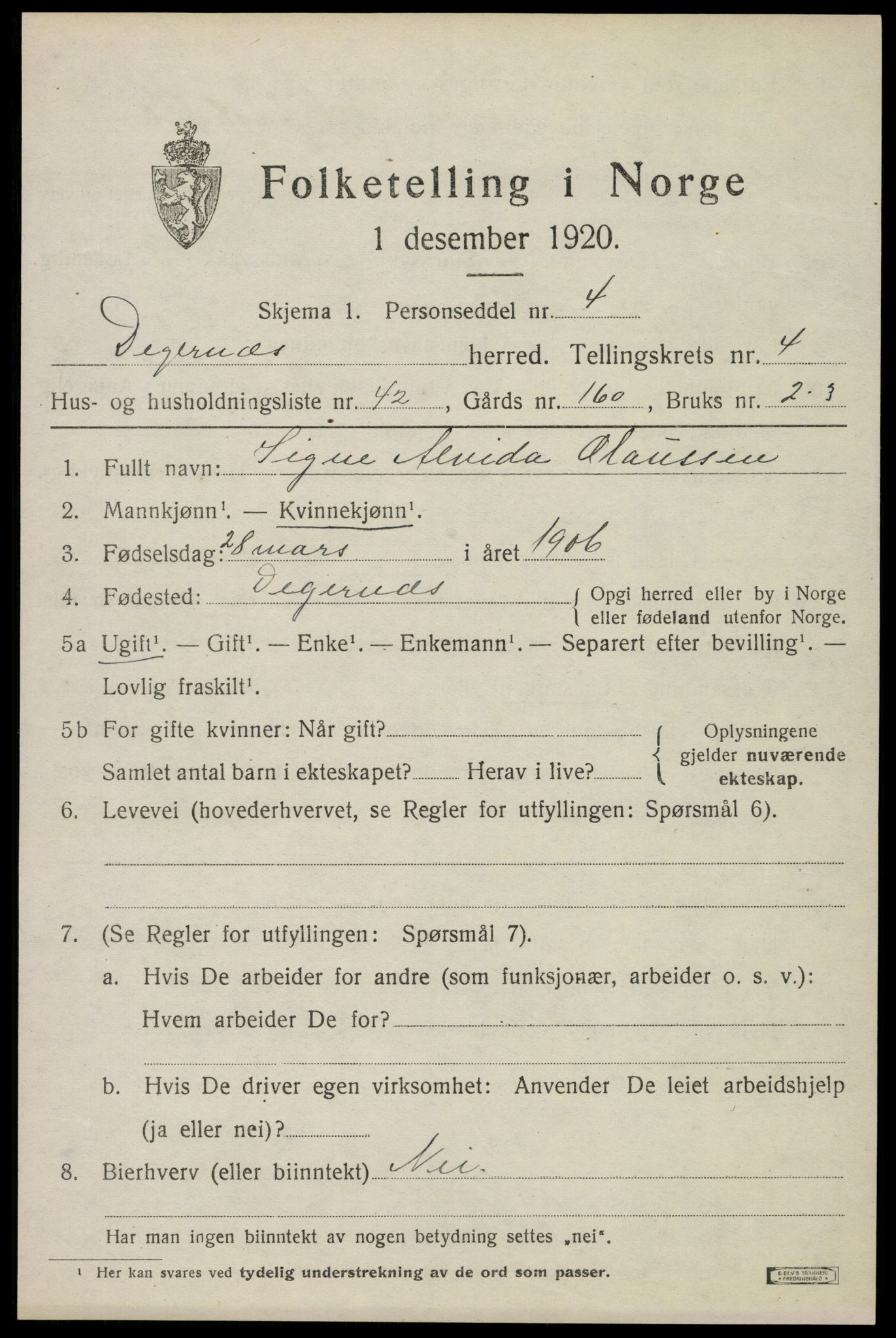 SAO, 1920 census for Degernes, 1920, p. 2722