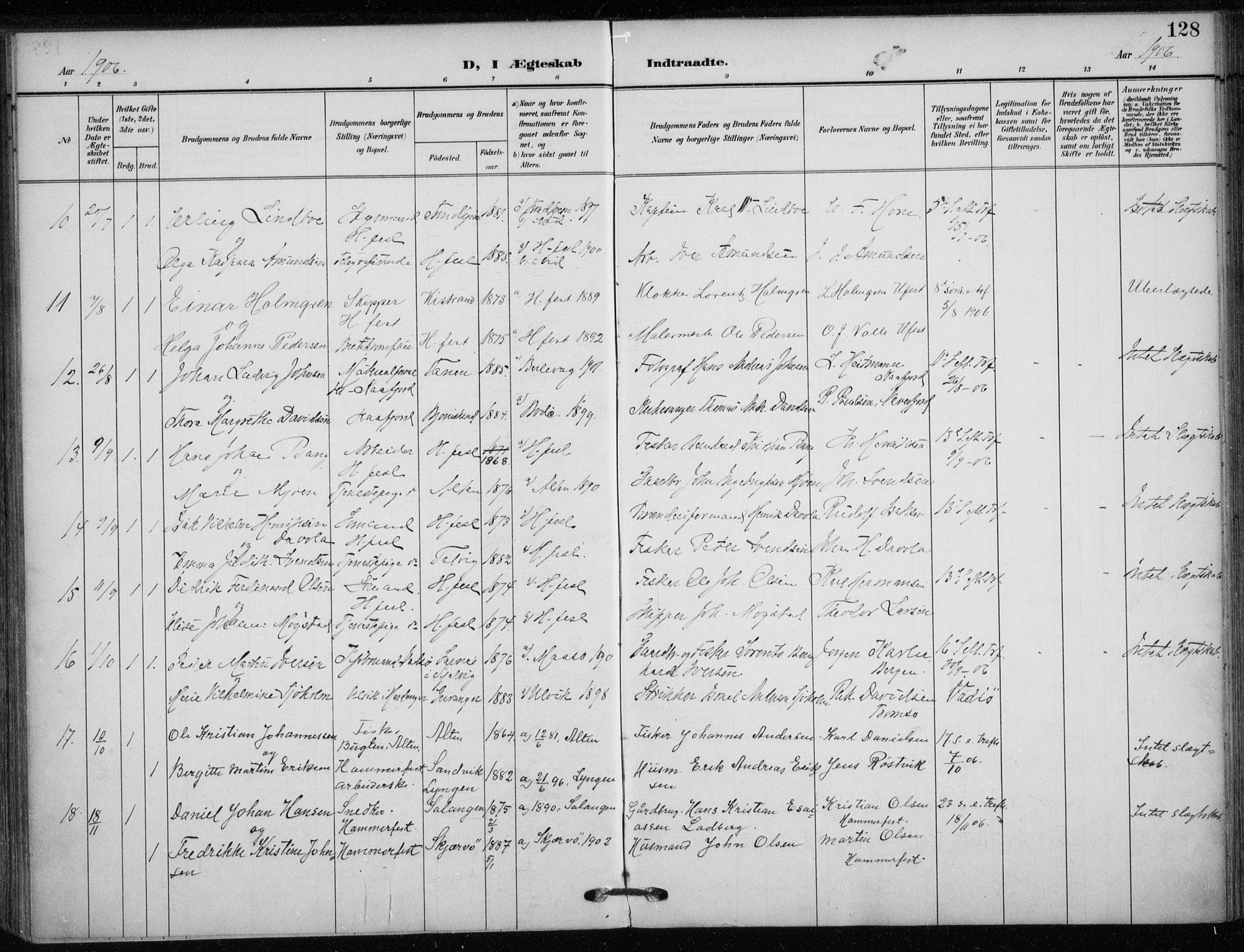 Hammerfest sokneprestkontor, SATØ/S-1347/H/Ha/L0014.kirke: Parish register (official) no. 14, 1906-1916, p. 128