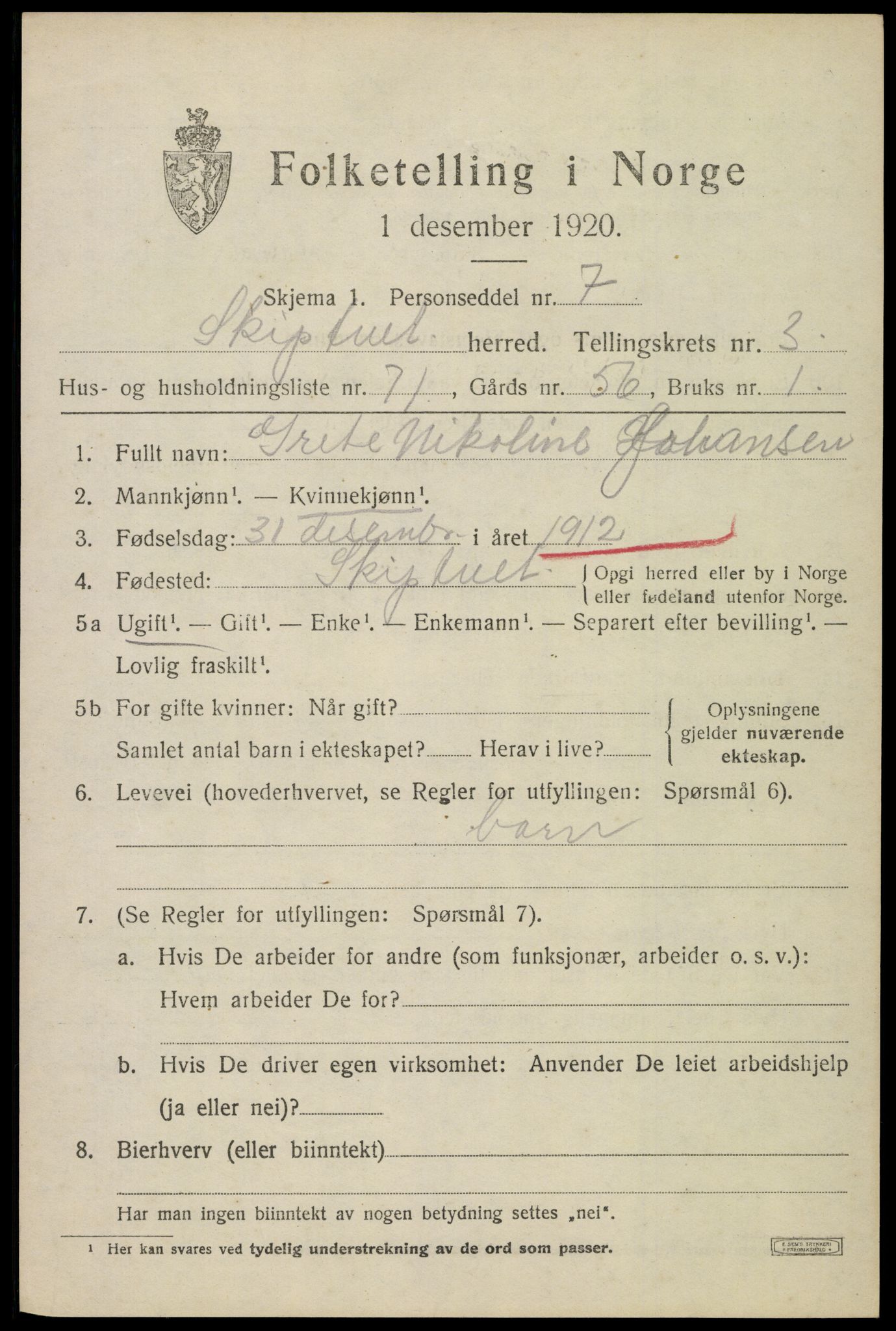 SAO, 1920 census for Skiptvet, 1920, p. 3723