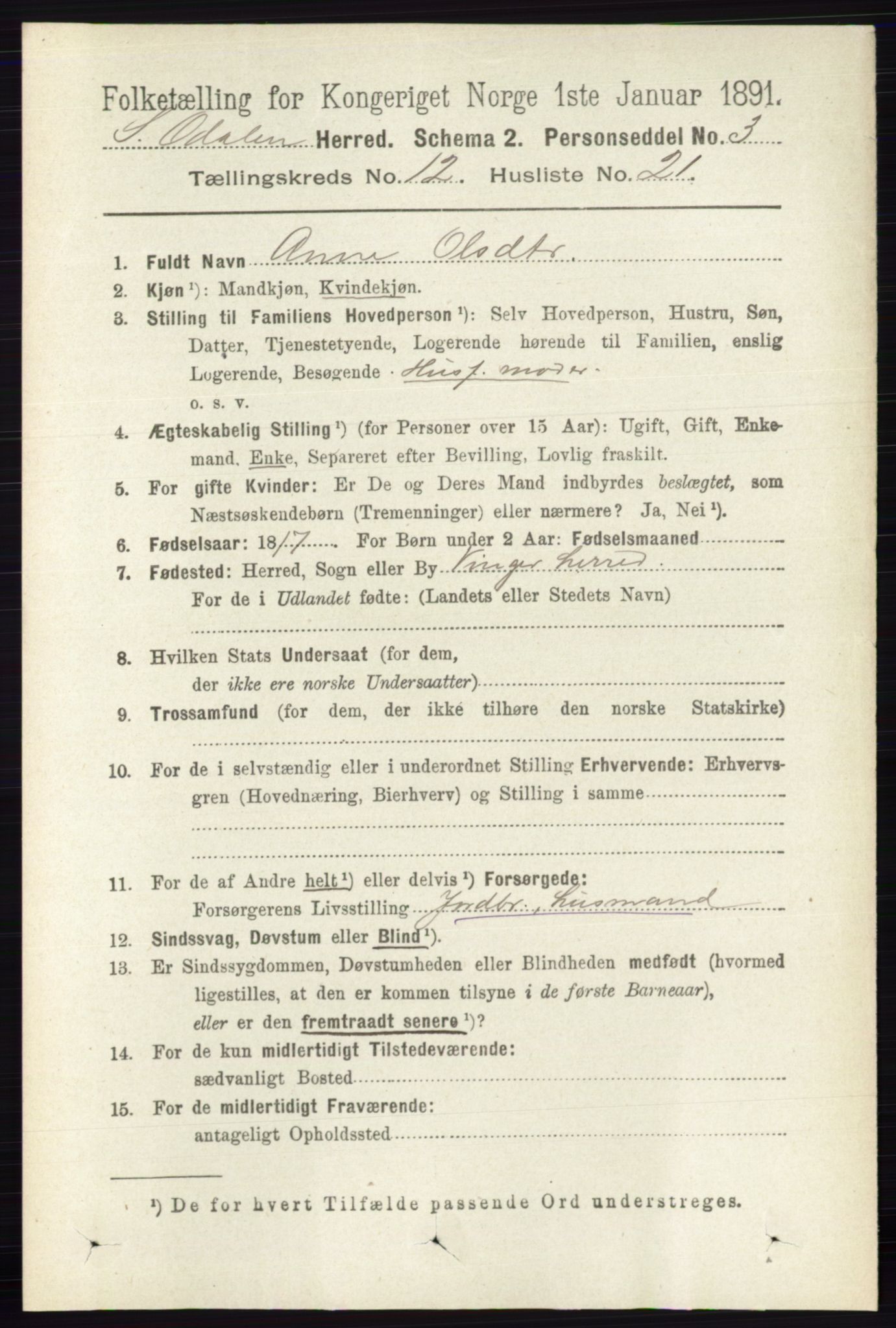 RA, 1891 census for 0419 Sør-Odal, 1891, p. 5482