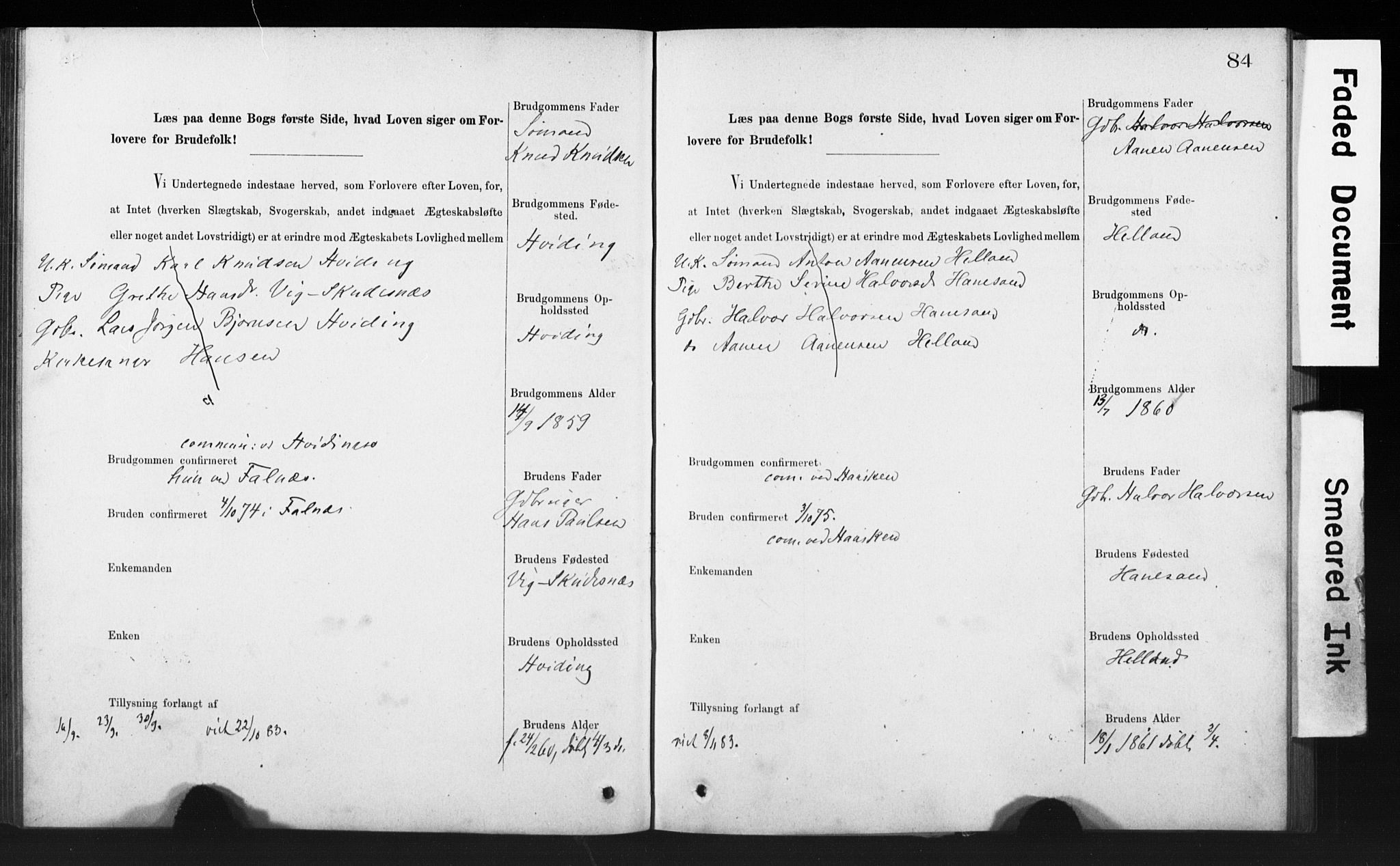 Rennesøy sokneprestkontor, AV/SAST-A -101827/I/Ie/L0001: Banns register no. 1, 1873-1898, p. 84