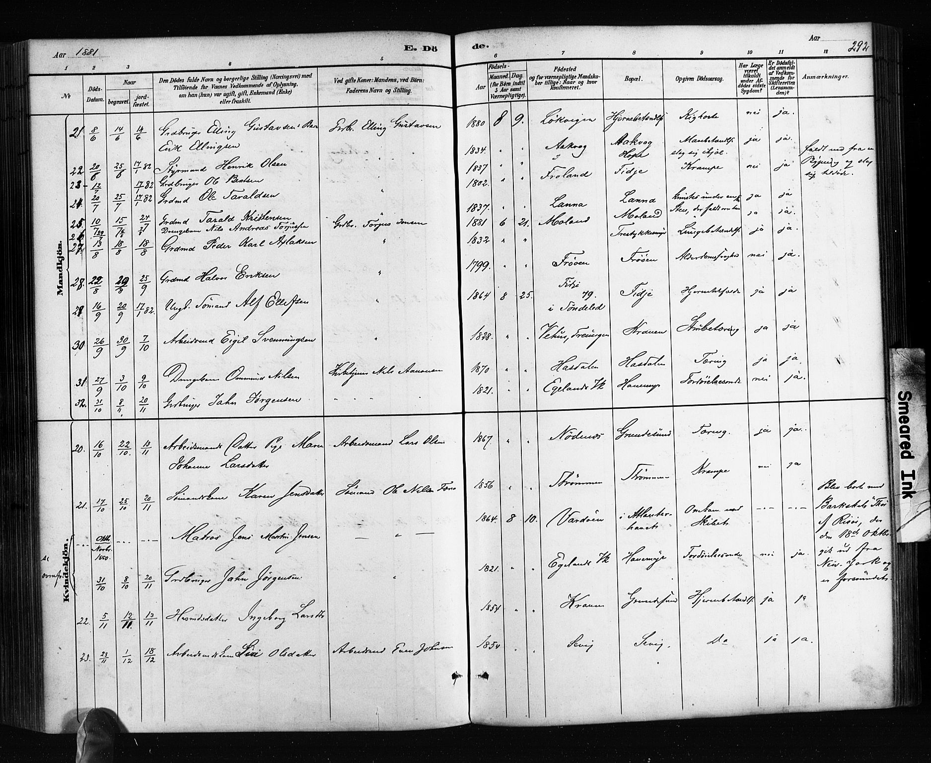 Søndeled sokneprestkontor, AV/SAK-1111-0038/F/Fa/L0004: Parish register (official) no. A 4, 1880-1889, p. 292