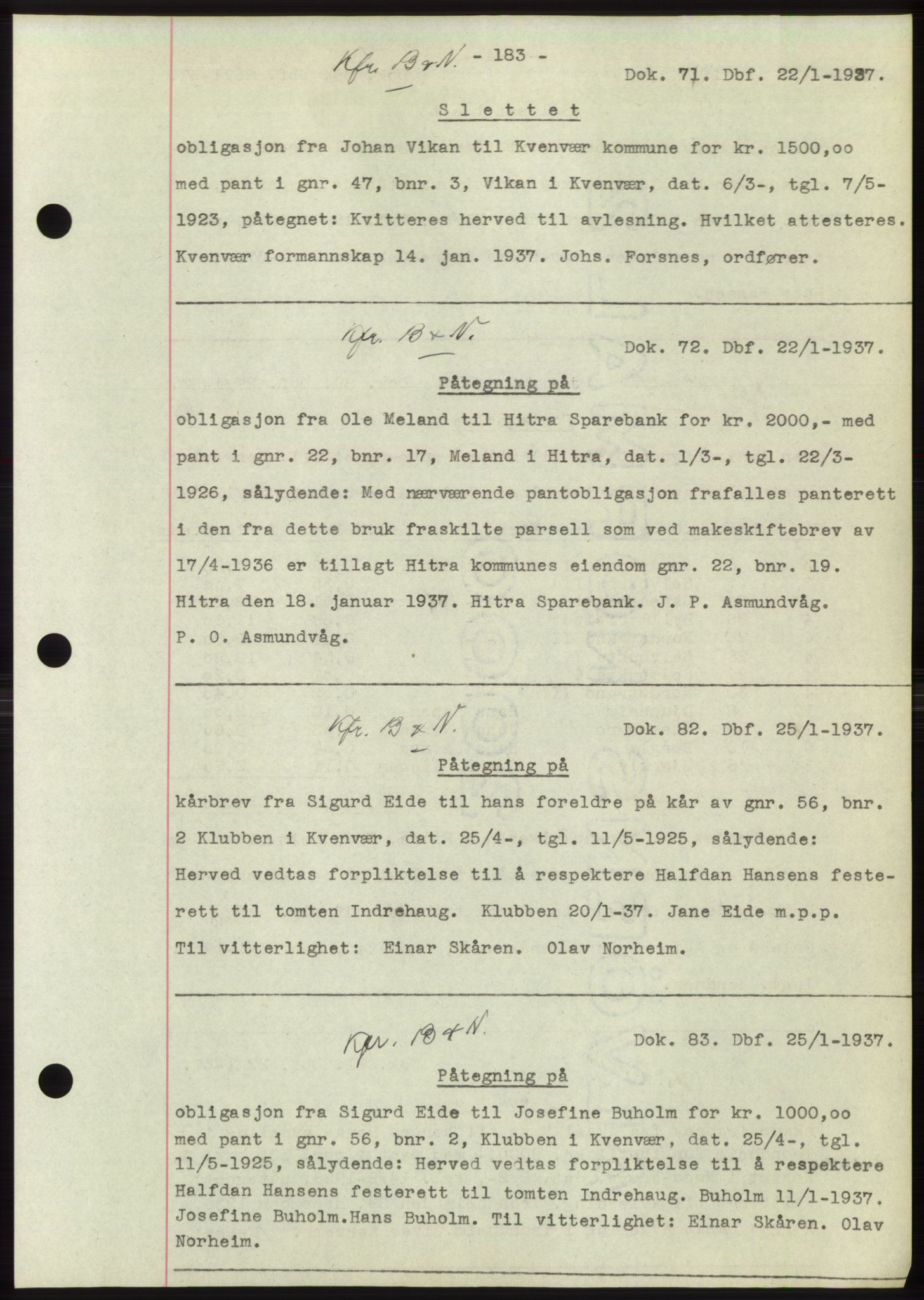 Hitra sorenskriveri, AV/SAT-A-0018/2/2C/2Ca: Mortgage book no. C1, 1936-1945, Diary no: : 71/1937