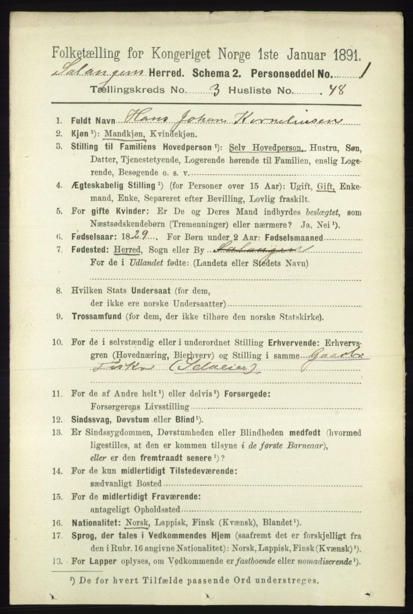 RA, 1891 census for 1921 Salangen, 1891, p. 1492