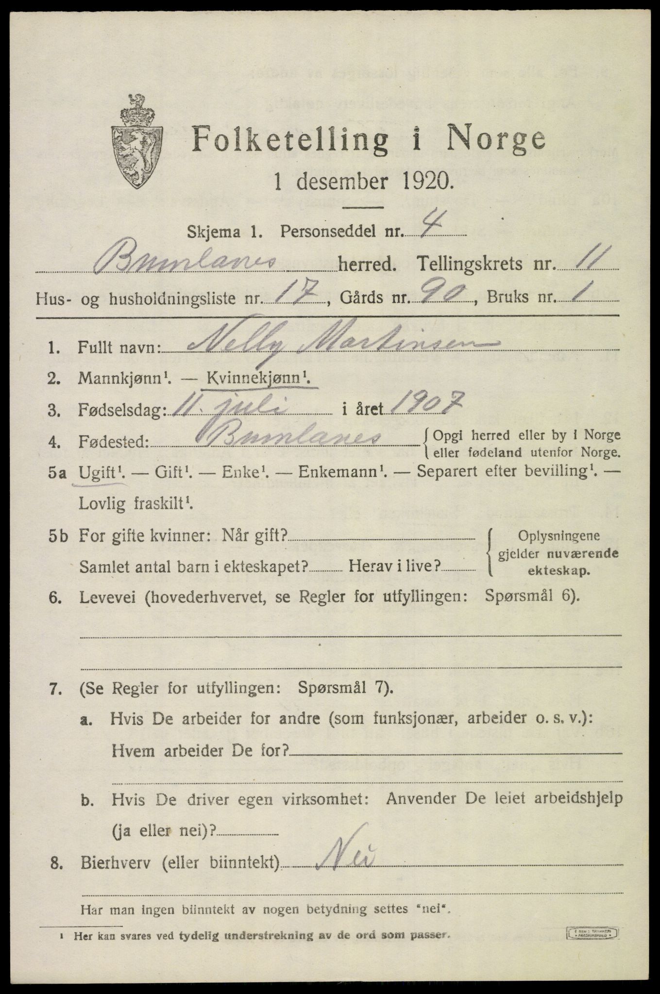 SAKO, 1920 census for Brunlanes, 1920, p. 9723
