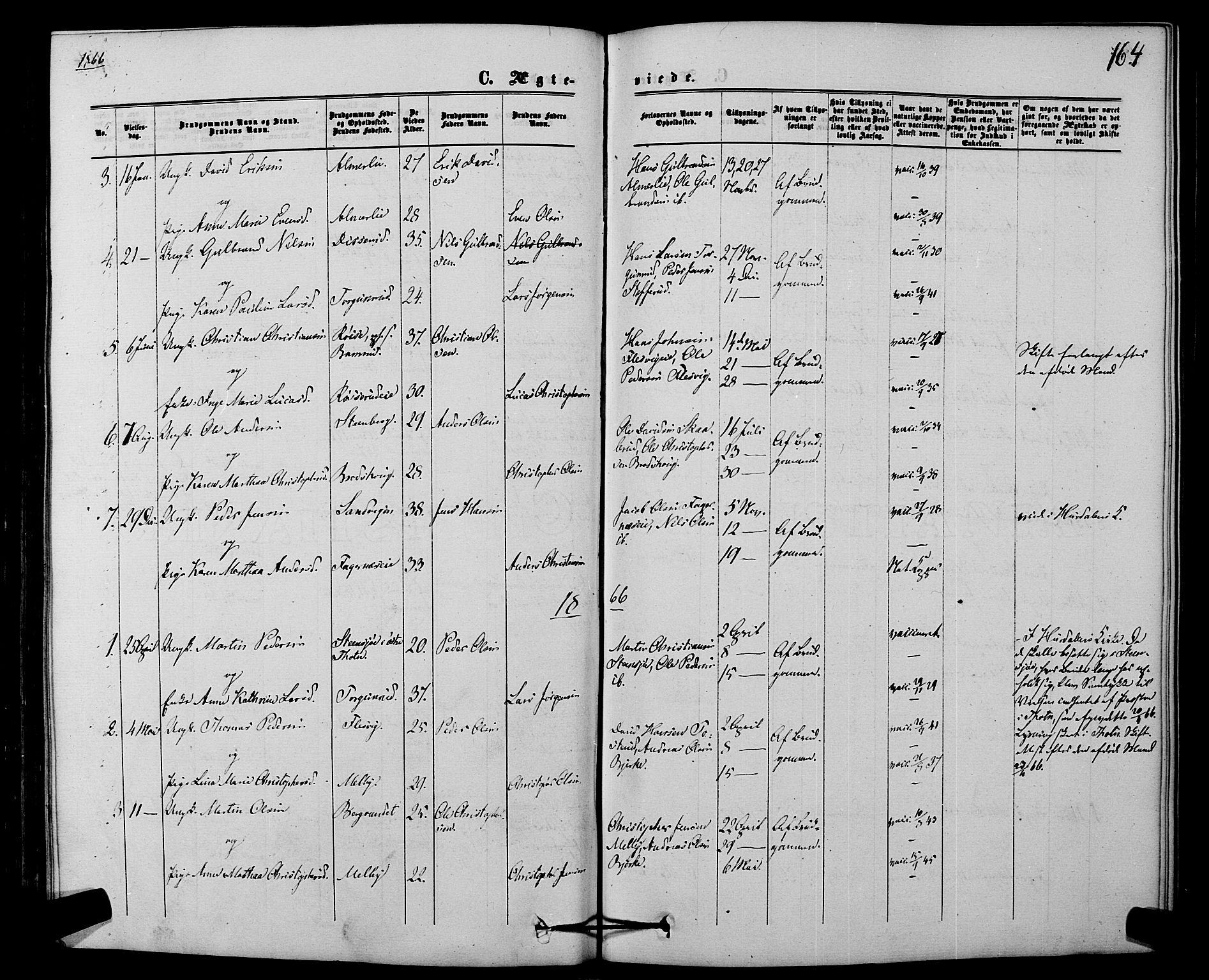 Hurdal prestekontor Kirkebøker, AV/SAO-A-10889/F/Fb/L0002: Parish register (official) no. II 2, 1860-1877, p. 164