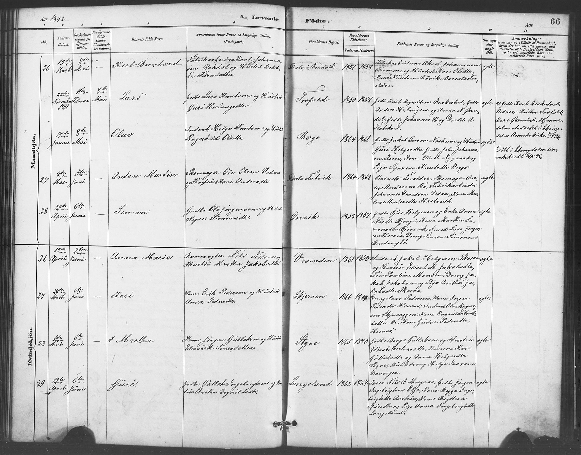 Evanger sokneprestembete, SAB/A-99924: Parish register (copy) no. A 4, 1887-1897, p. 66