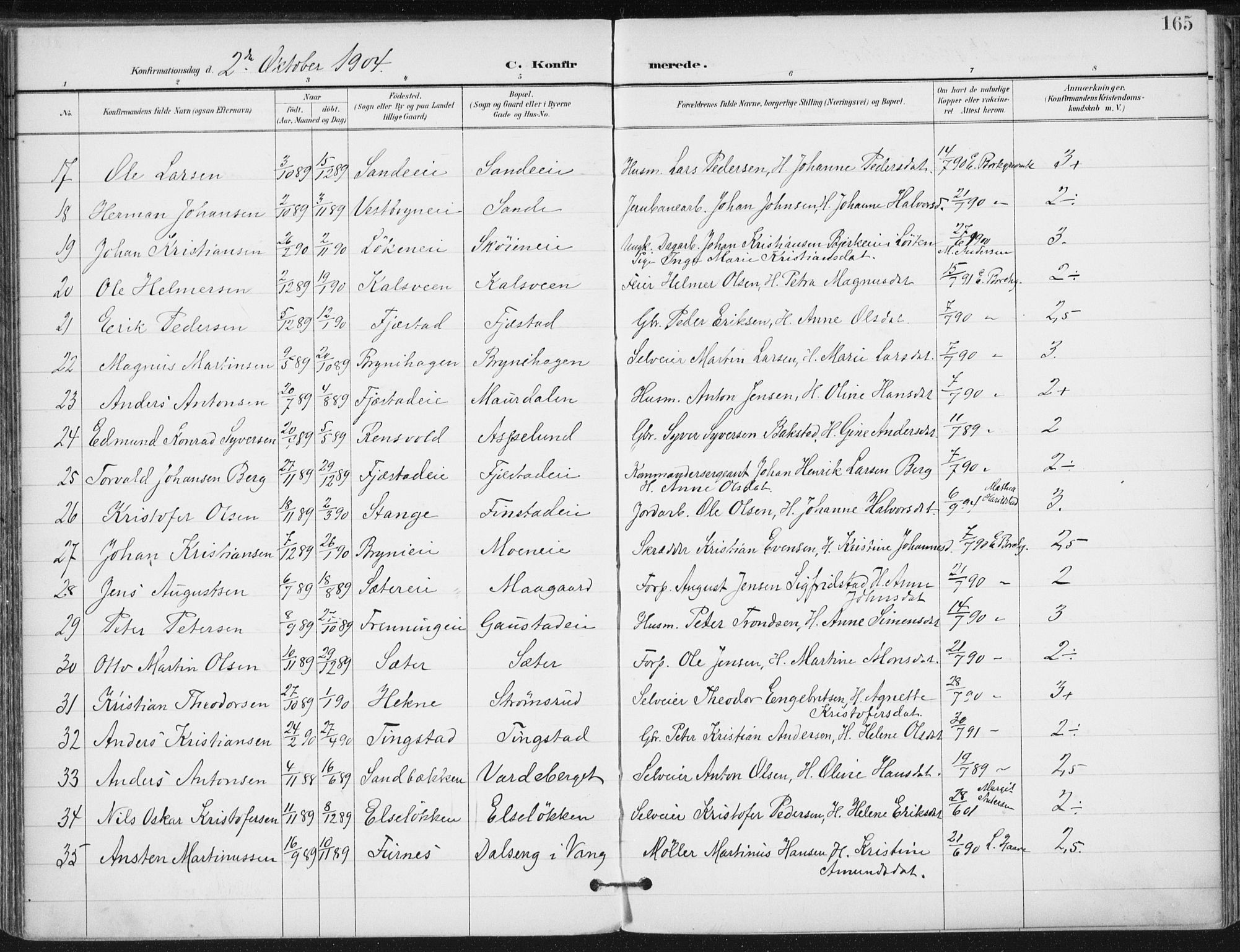 Romedal prestekontor, SAH/PREST-004/K/L0011: Parish register (official) no. 11, 1896-1912, p. 165