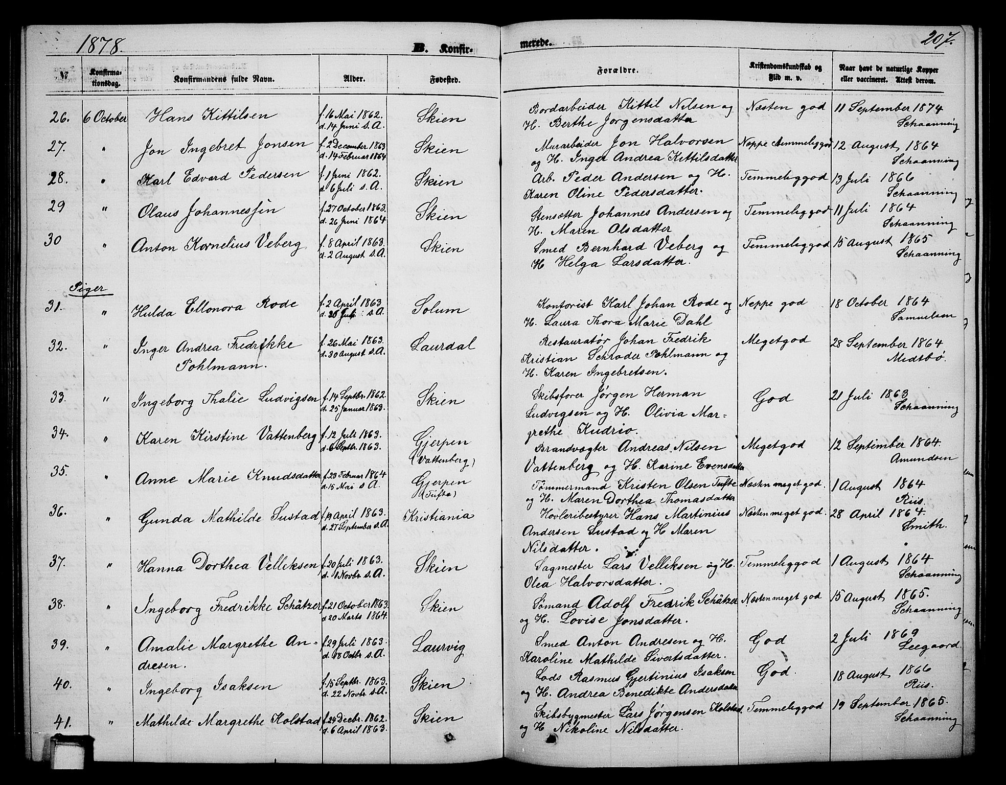 Skien kirkebøker, SAKO/A-302/G/Ga/L0005: Parish register (copy) no. 5, 1868-1880, p. 207