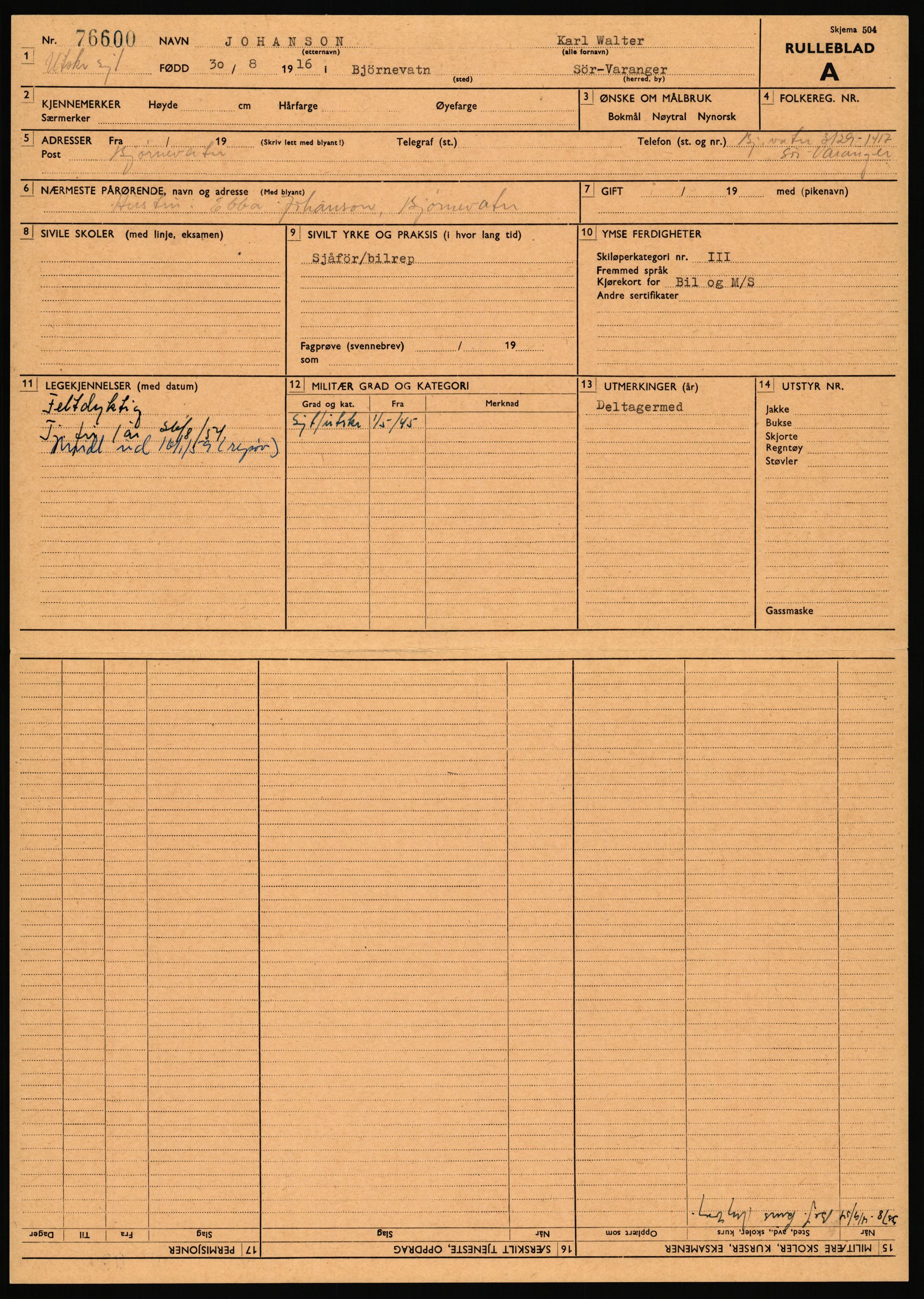 Forsvaret, Varanger bataljon, AV/RA-RAFA-2258/1/D/L0456: Rulleblad og tjenesteuttalelser for befal født 1916-1919 og 1921-1923, 1916-1923, p. 79