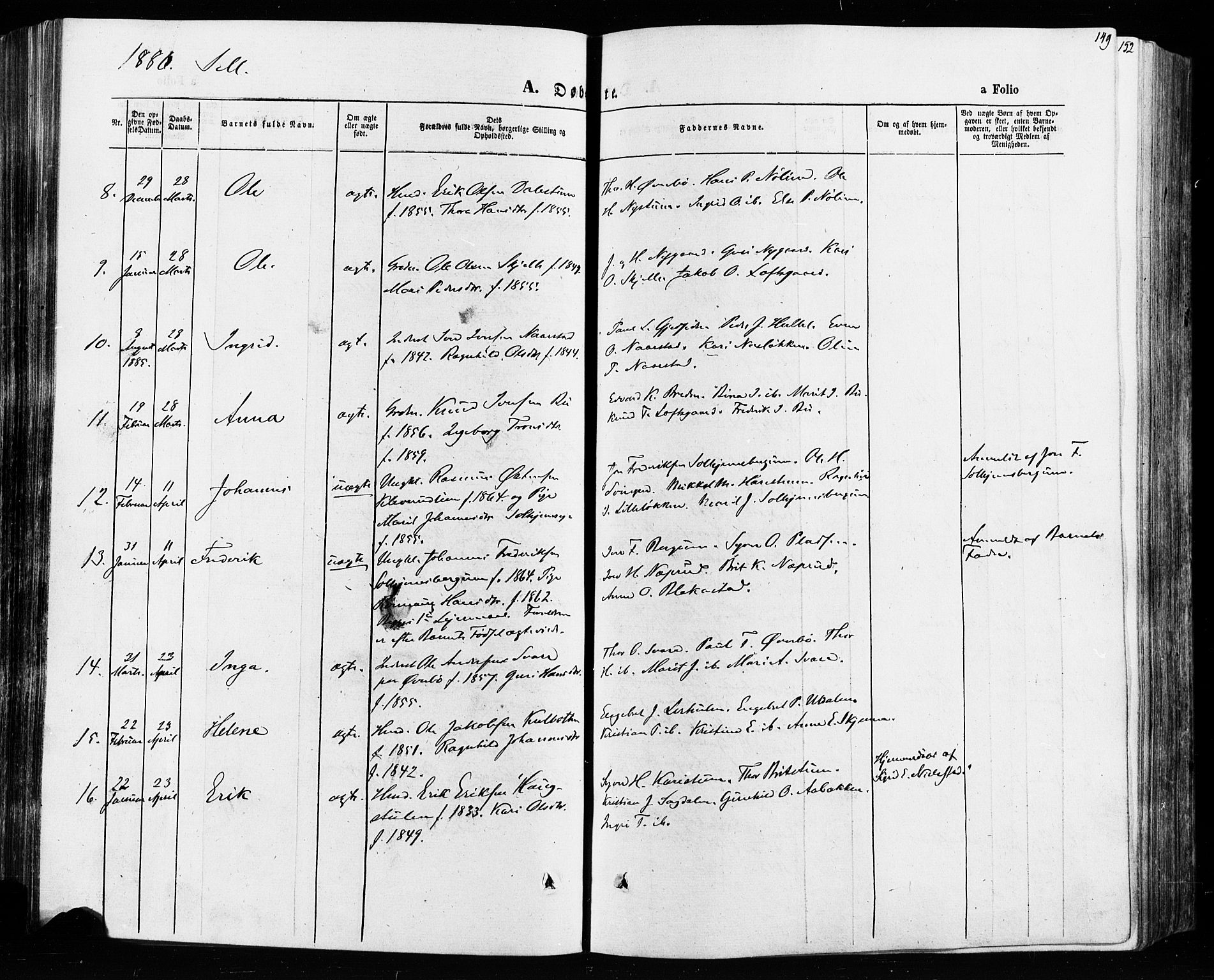 Vågå prestekontor, SAH/PREST-076/H/Ha/Haa/L0007: Parish register (official) no. 7 /3, 1872-1886, p. 149