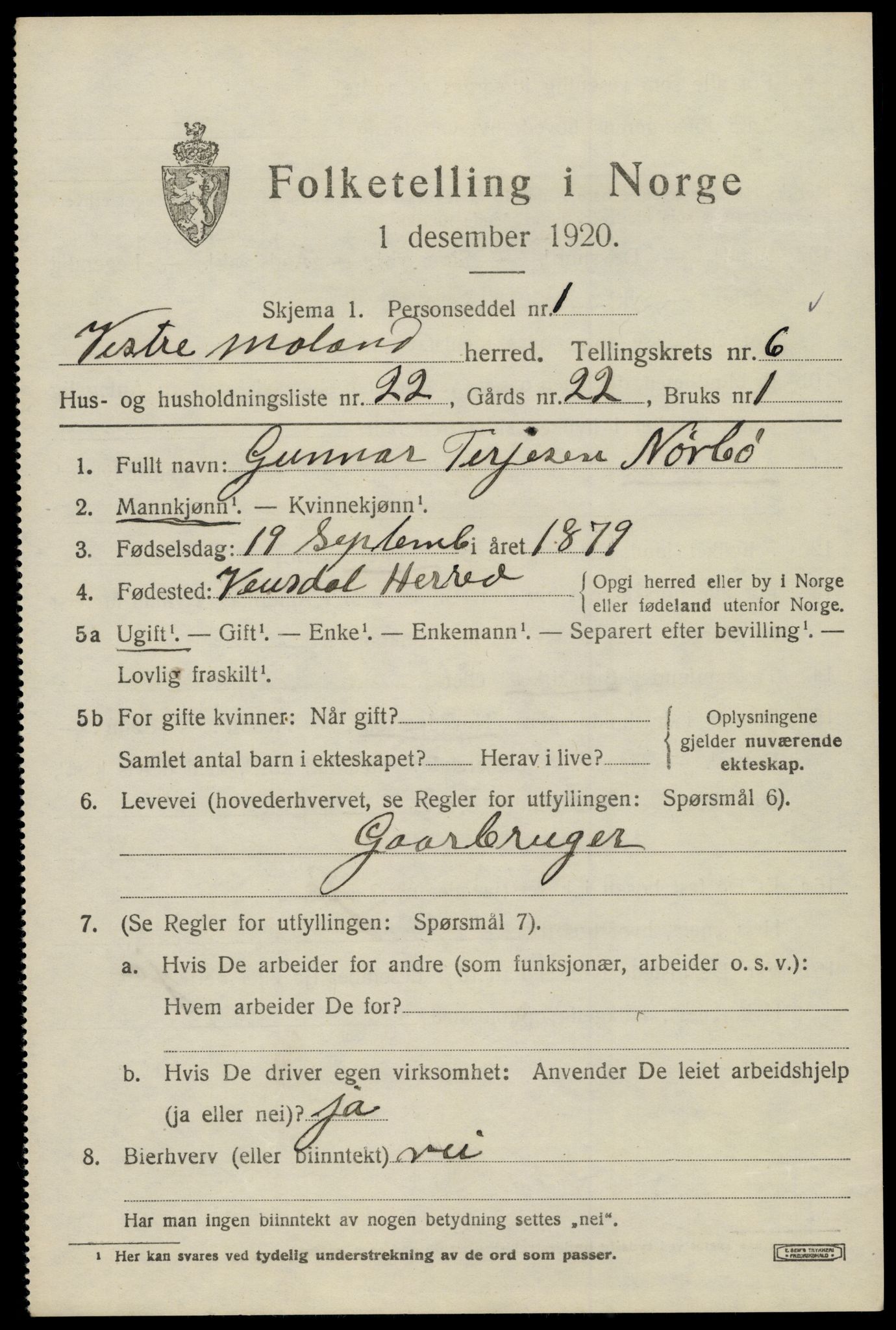 SAK, 1920 census for Vestre Moland, 1920, p. 4757