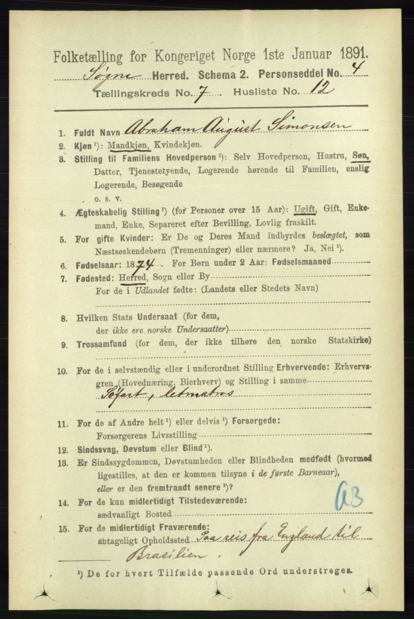 RA, 1891 census for 1018 Søgne, 1891, p. 1604