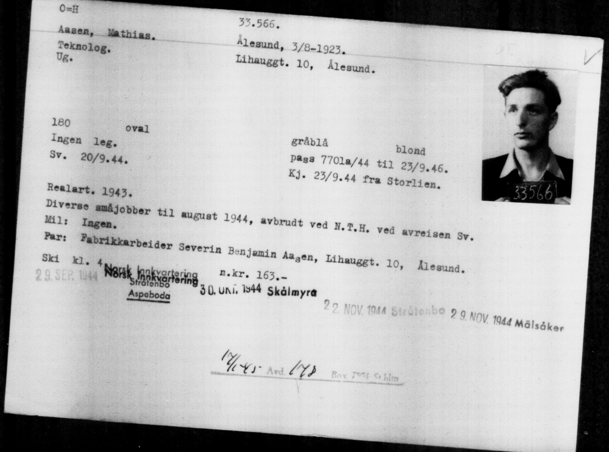 Utenriksstasjonene, Legasjonen i Stockholm, Flyktningkontoret, AV/RA-S-6753/V/Va/L0013: Kjesäterkartoteket, flyktninger med registreringsnr. 31500-34731, 1940-1945, p. 2182