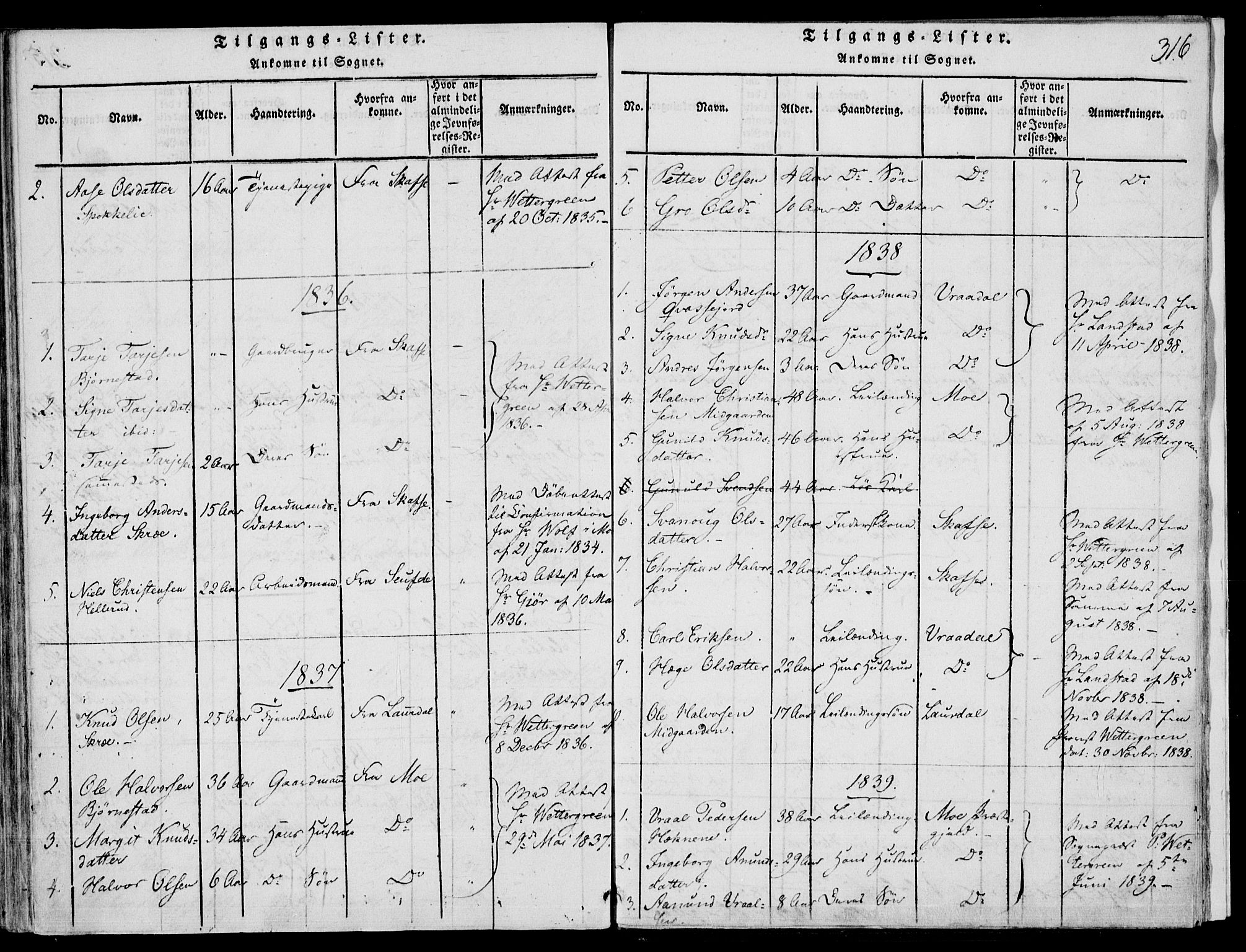 Fyresdal kirkebøker, SAKO/A-263/F/Fb/L0001: Parish register (official) no. II 1, 1815-1854, p. 316
