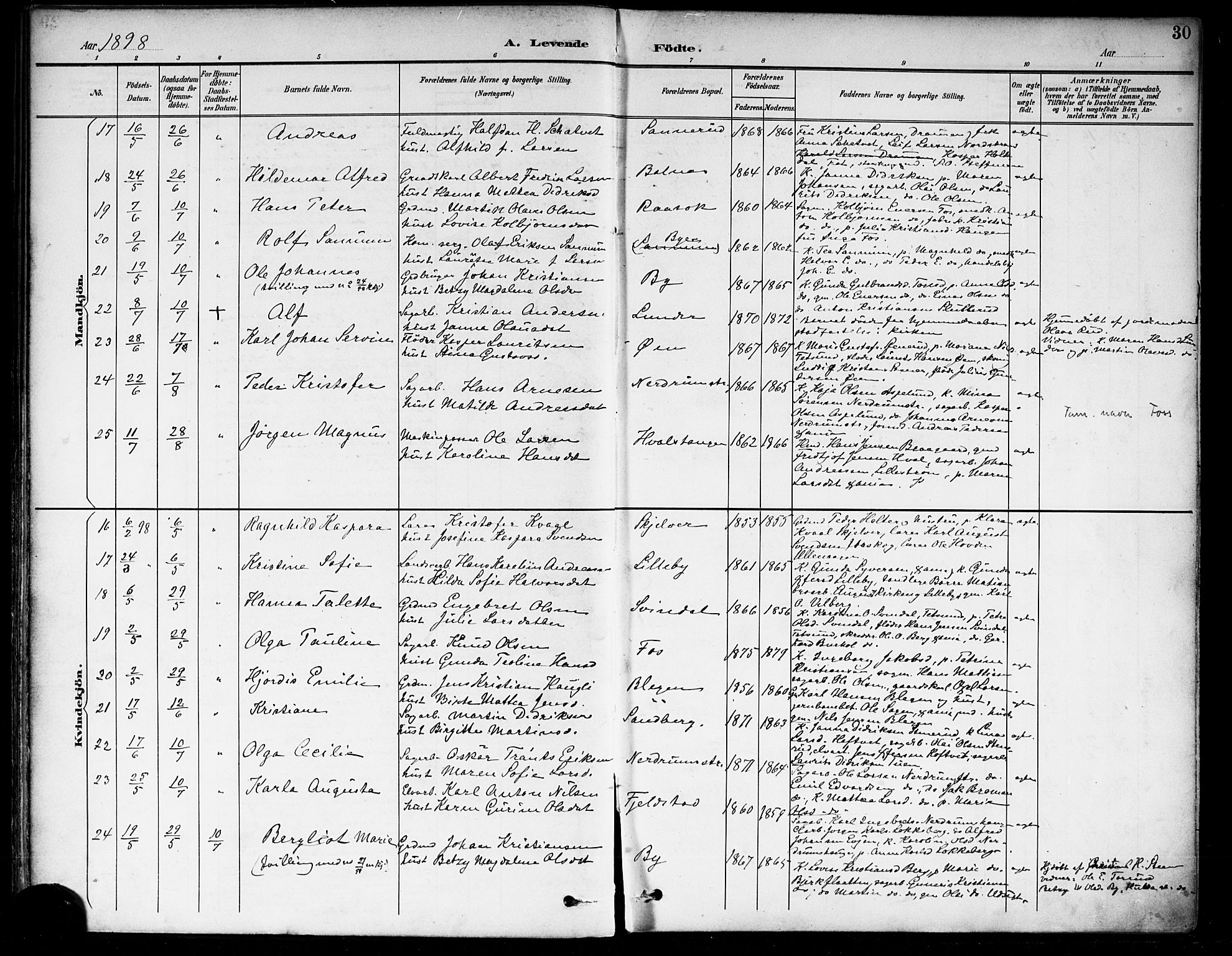 Fet prestekontor Kirkebøker, SAO/A-10370a/F/Fa/L0015: Parish register (official) no. I 15, 1892-1904, p. 30