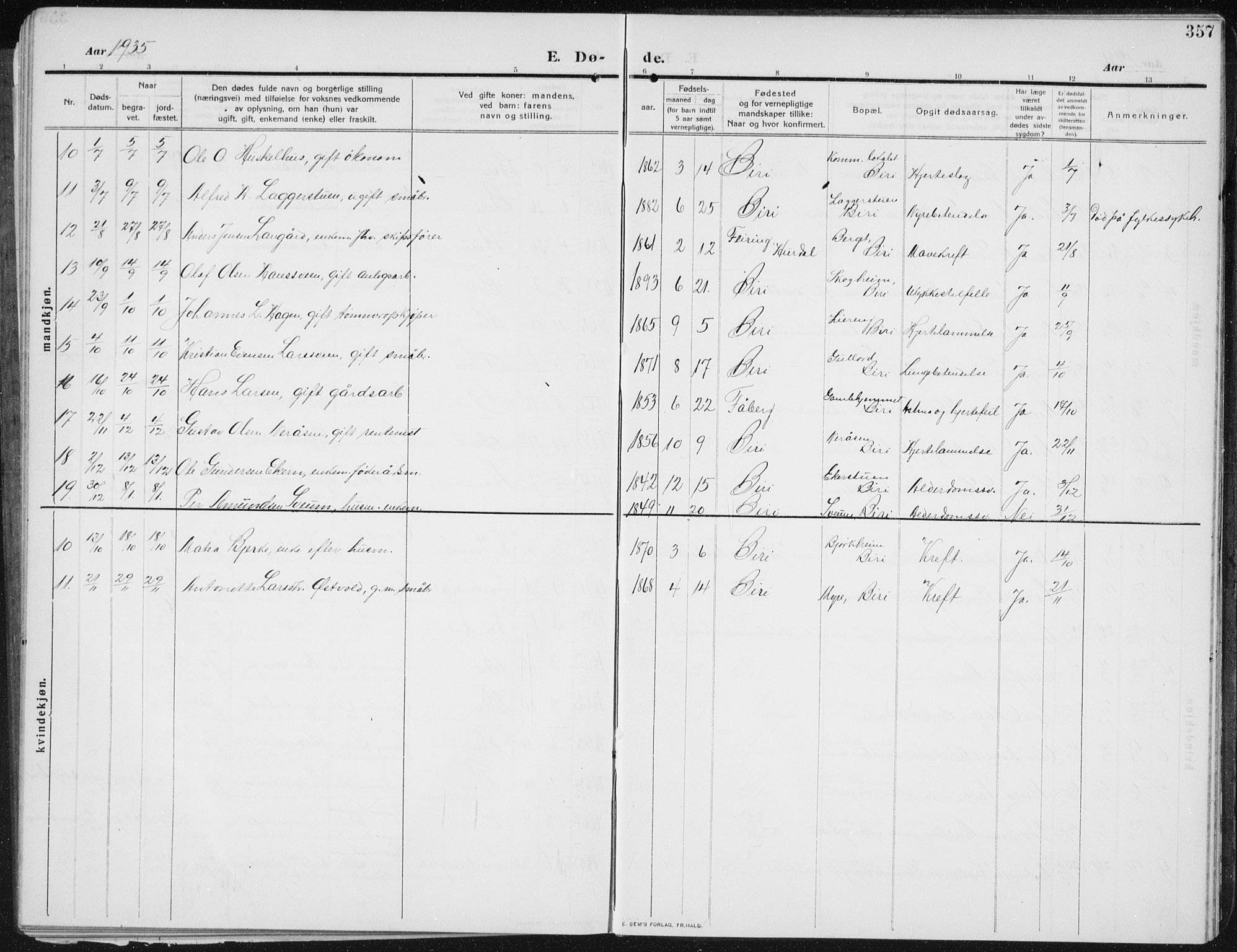 Biri prestekontor, AV/SAH-PREST-096/H/Ha/Hab/L0006: Parish register (copy) no. 6, 1909-1938, p. 357