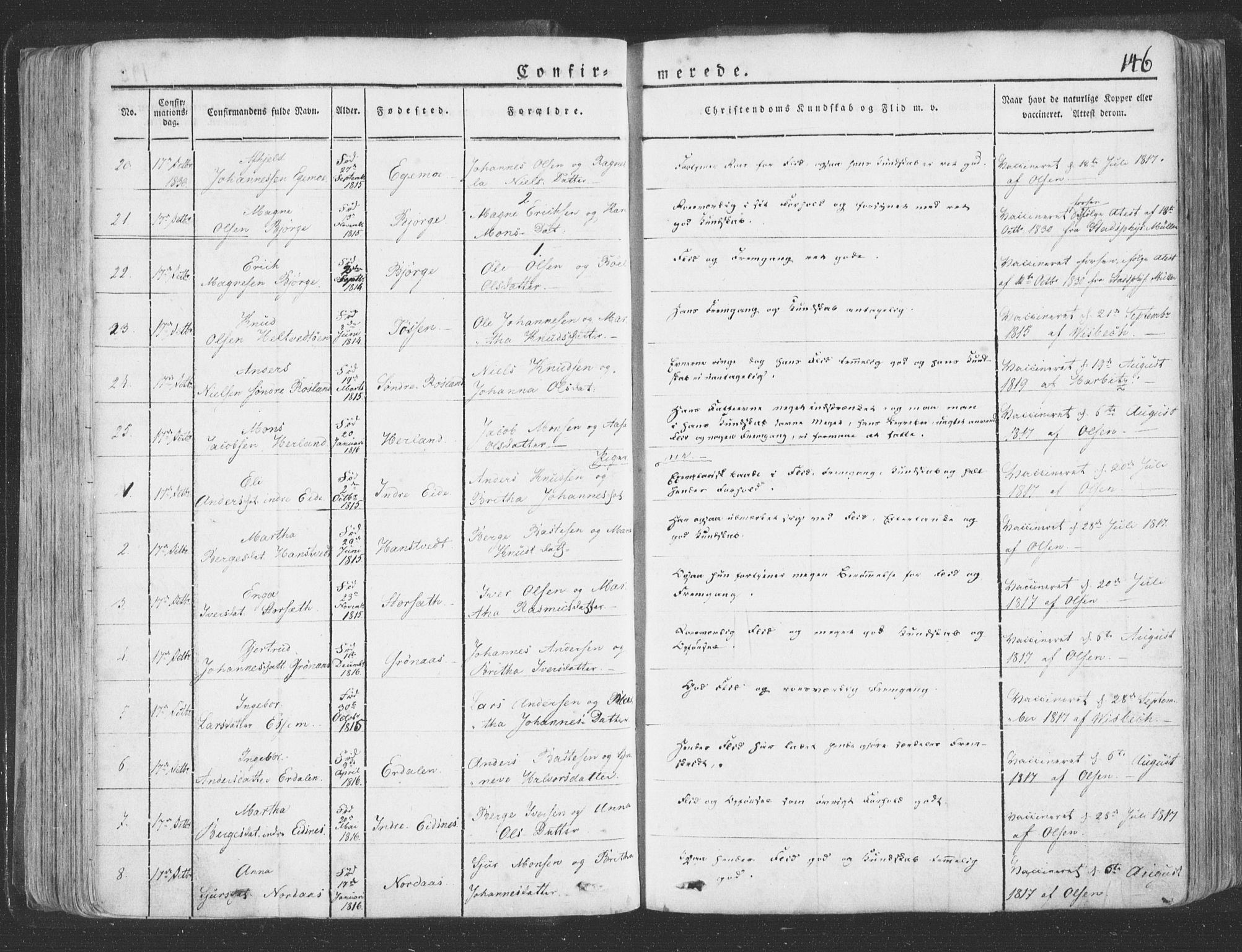 Hosanger sokneprestembete, AV/SAB-A-75801/H/Haa: Parish register (official) no. A 6, 1824-1835, p. 146