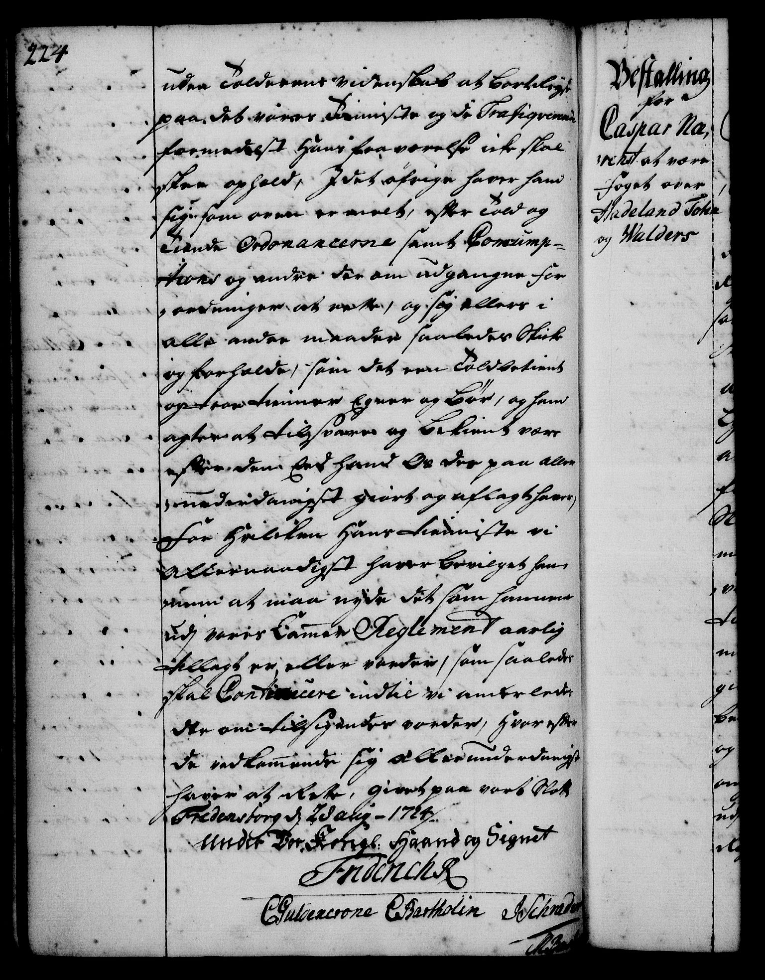 Rentekammeret, Kammerkanselliet, RA/EA-3111/G/Gg/Gge/L0001: Norsk bestallingsprotokoll med register (merket RK 53.25), 1720-1730, p. 224