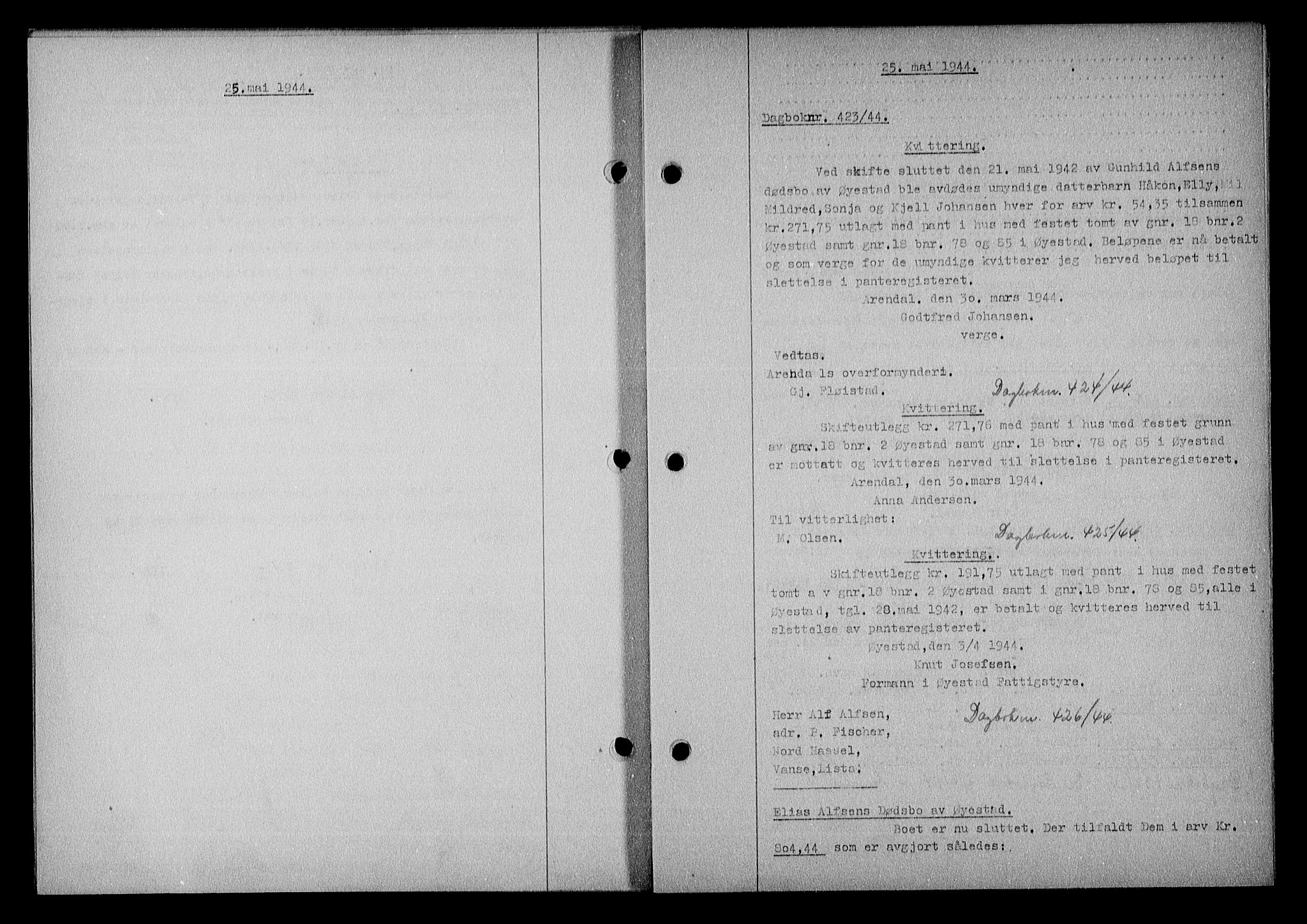 Nedenes sorenskriveri, SAK/1221-0006/G/Gb/Gba/L0051: Mortgage book no. A-V, 1943-1944, Diary no: : 423/1944