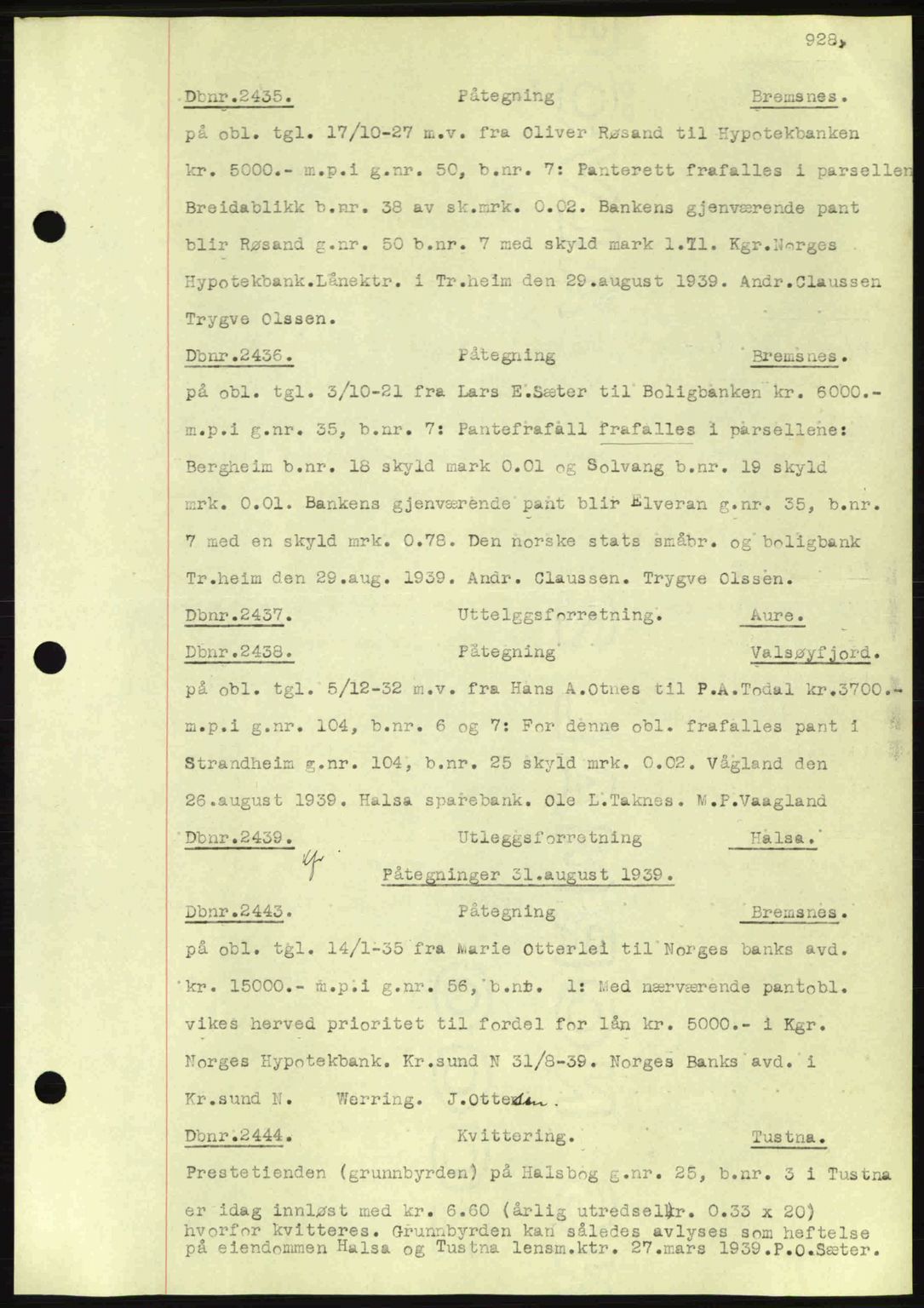 Nordmøre sorenskriveri, AV/SAT-A-4132/1/2/2Ca: Mortgage book no. C80, 1936-1939, Diary no: : 2435/1939