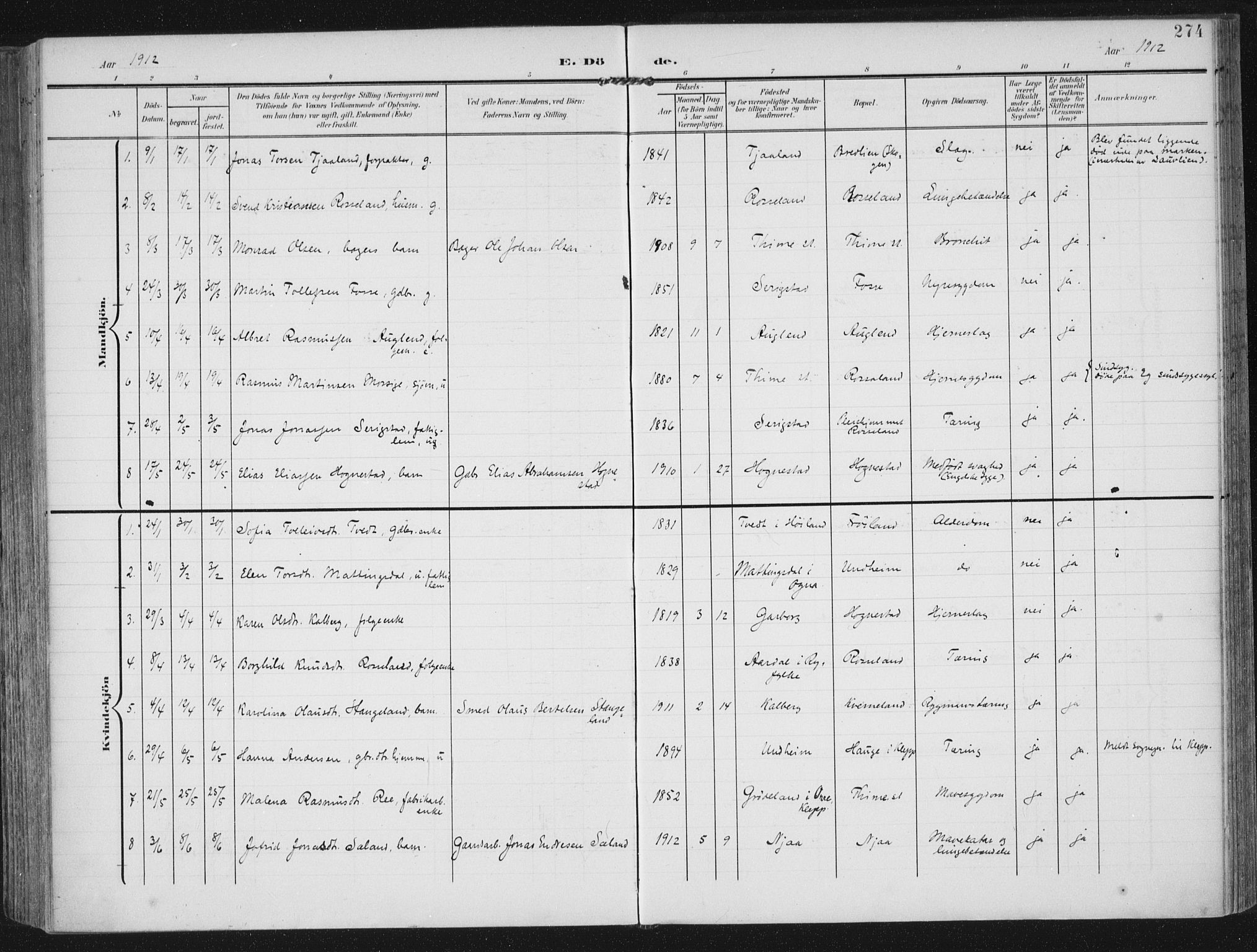 Lye sokneprestkontor, SAST/A-101794/002/A/L0001: Parish register (official) no. A 12, 1904-1920, p. 274