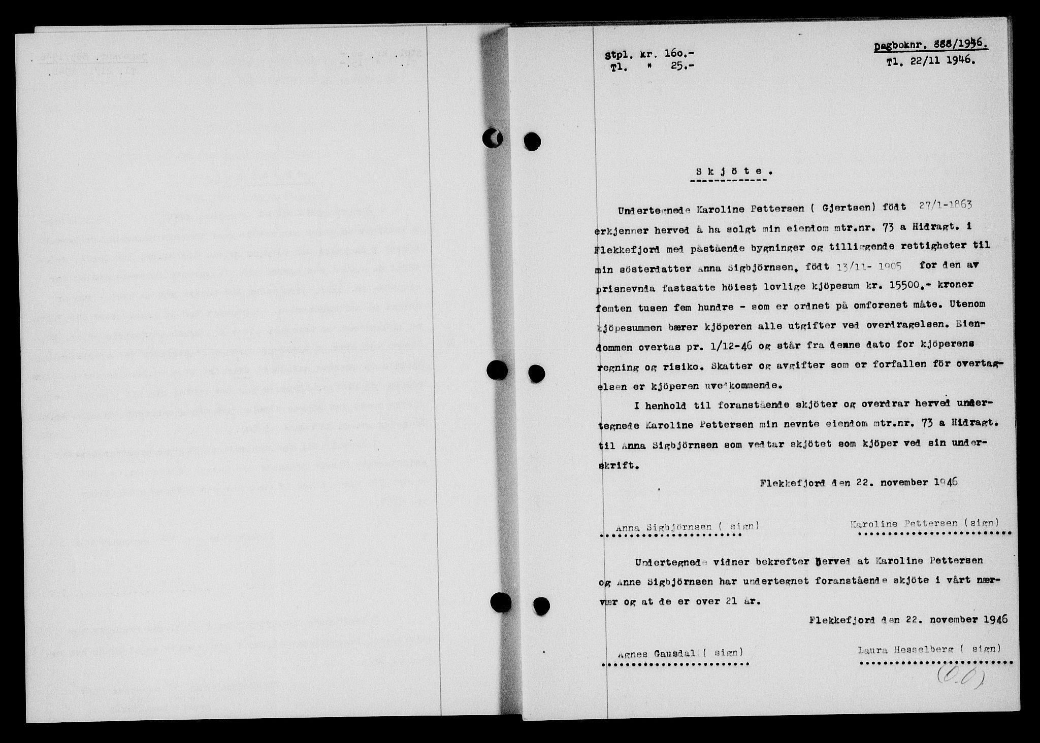 Flekkefjord sorenskriveri, AV/SAK-1221-0001/G/Gb/Gba/L0061: Mortgage book no. A-9, 1946-1947, Diary no: : 888/1946