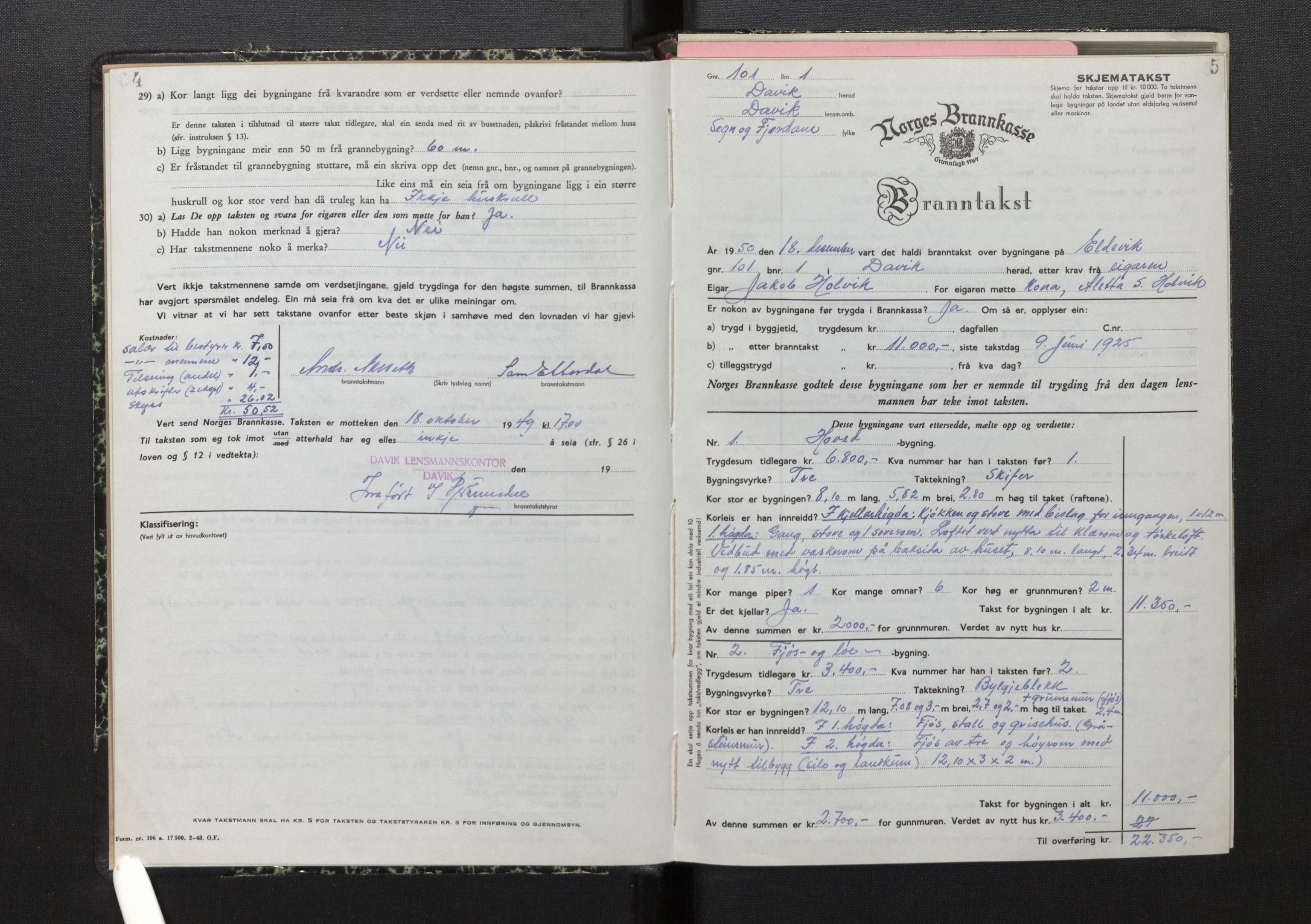 Lensmannen i Davik, AV/SAB-A-26801/0012/L0005: Branntakstprotokoll, skjematakst, 1950-1953, p. 4-5