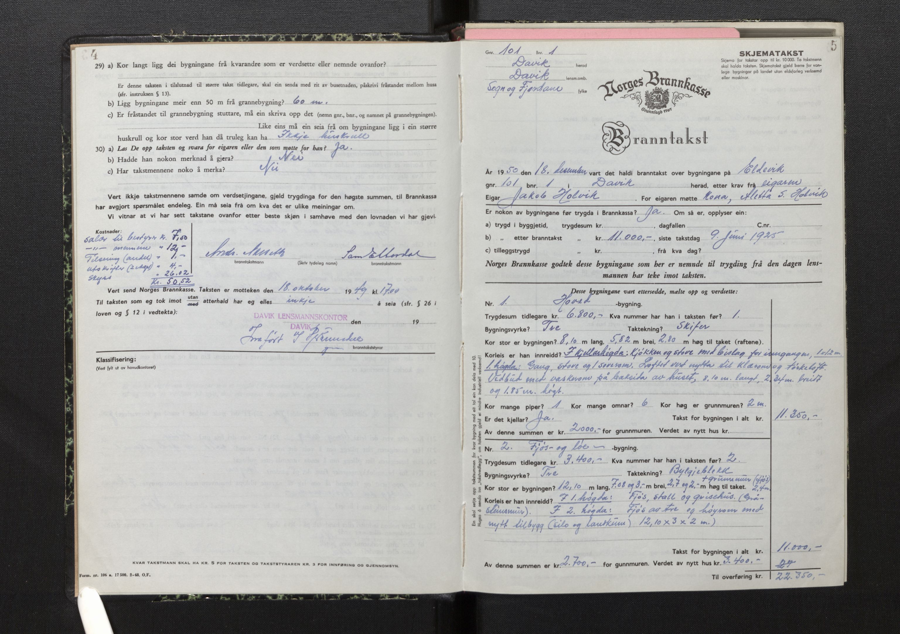 Lensmannen i Davik, SAB/A-26801/0012/L0005: Branntakstprotokoll, skjematakst, 1950-1953, p. 4-5