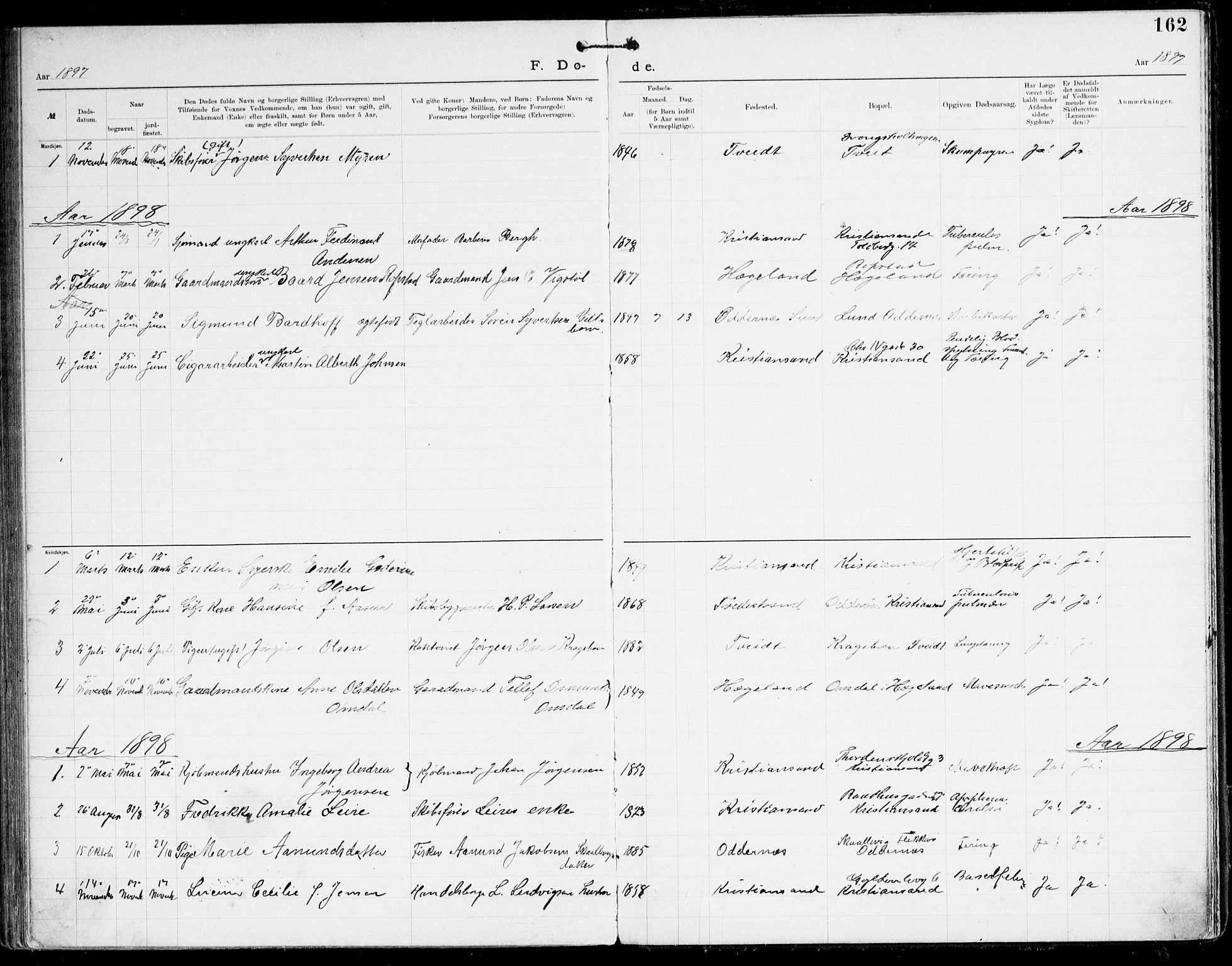 Den evangelisk-lutherske frikirke, Kristiansand, SAK/1292-0017/F/Fa/L0003: Dissenter register no. F 11, 1892-1925, p. 162