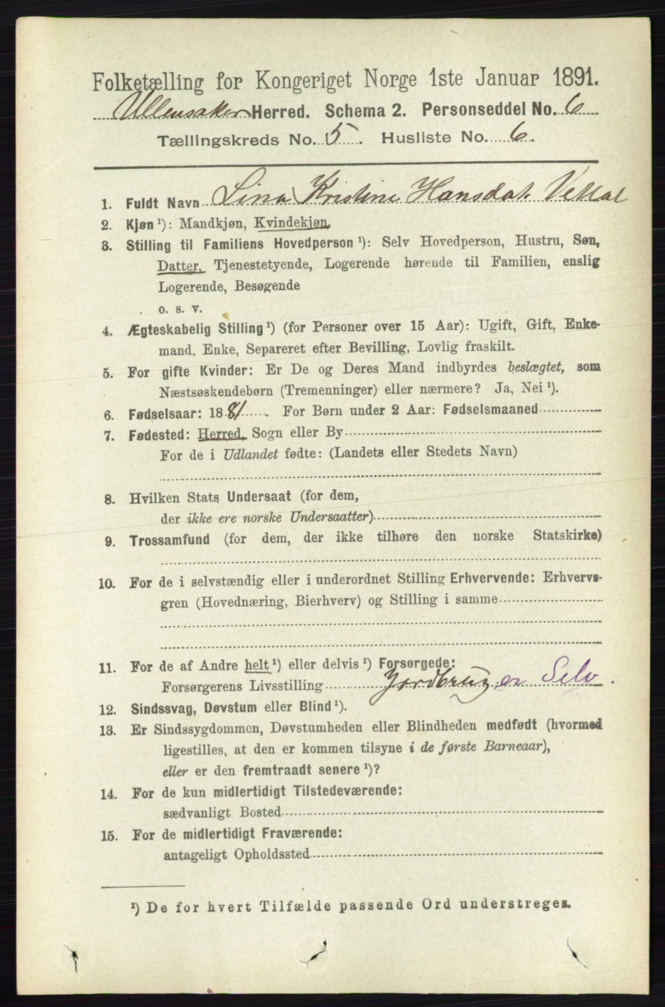 RA, 1891 census for 0235 Ullensaker, 1891, p. 2133