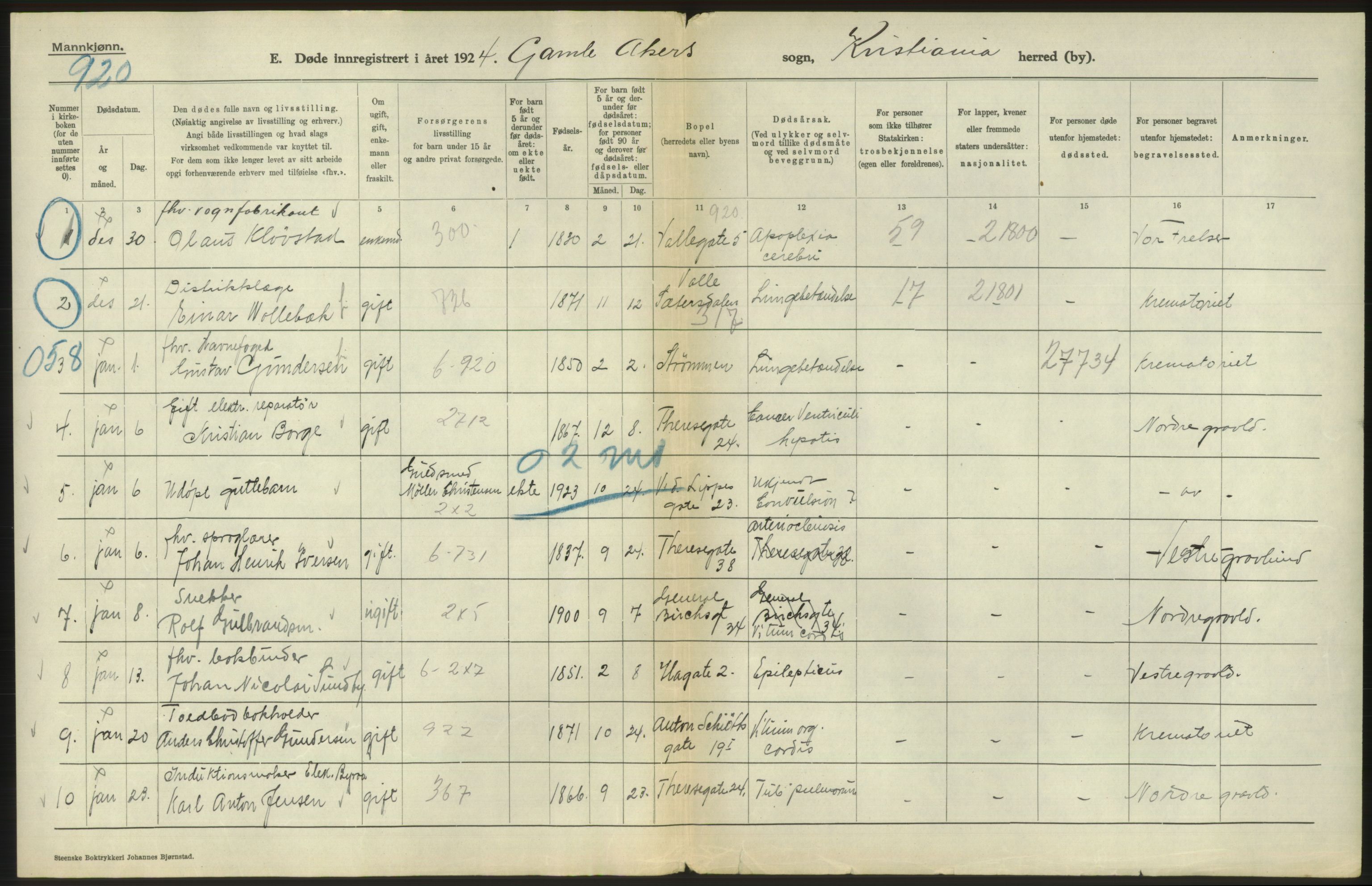 Statistisk sentralbyrå, Sosiodemografiske emner, Befolkning, RA/S-2228/D/Df/Dfc/Dfcd/L0008: Kristiania: Døde menn, 1924, p. 182