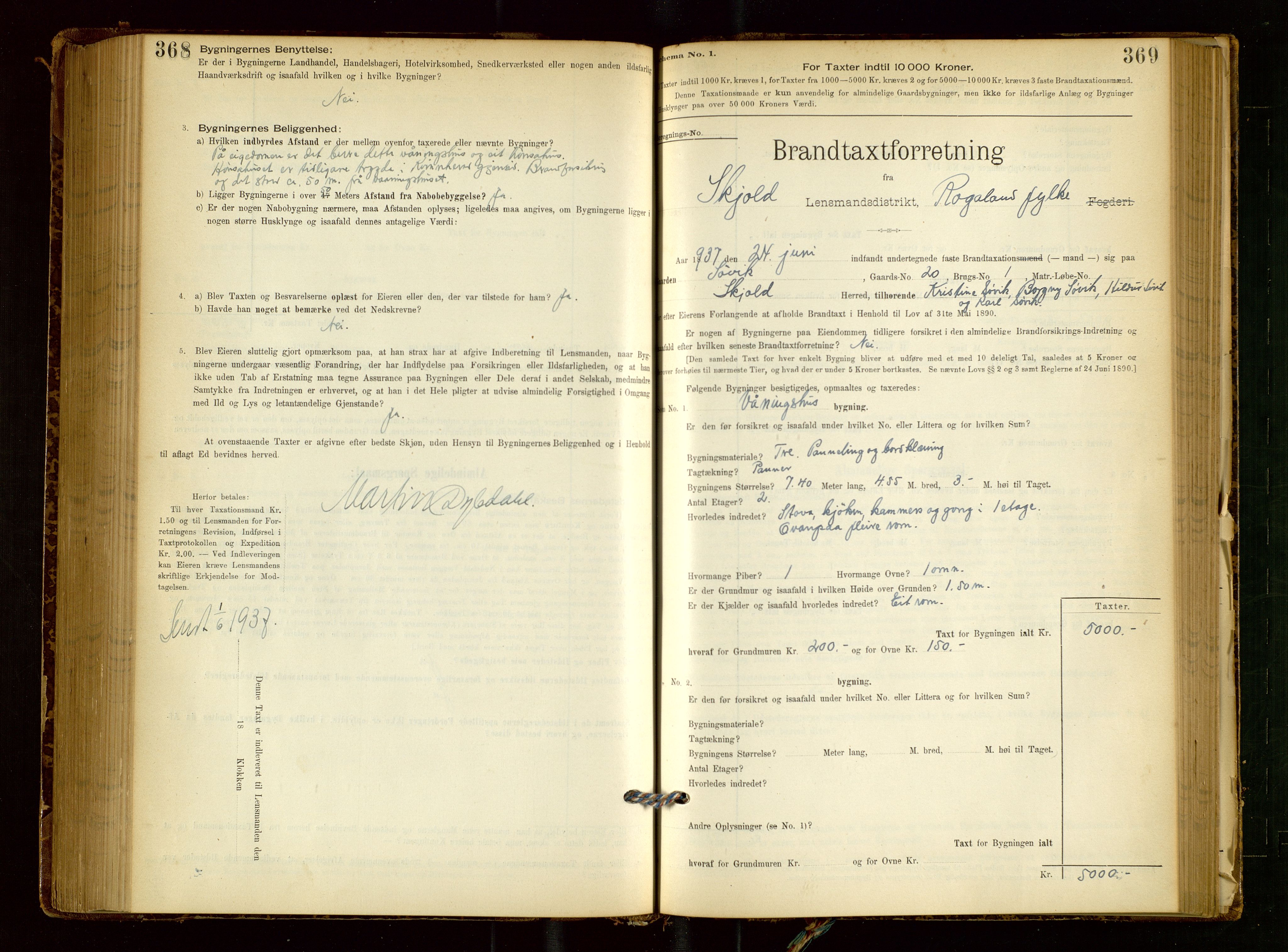 Skjold lensmannskontor, SAST/A-100182/Gob/L0001: "Brandtaxationsprotokol for Skjold Lensmandsdistrikt Ryfylke Fogderi", 1894-1939, p. 368-369