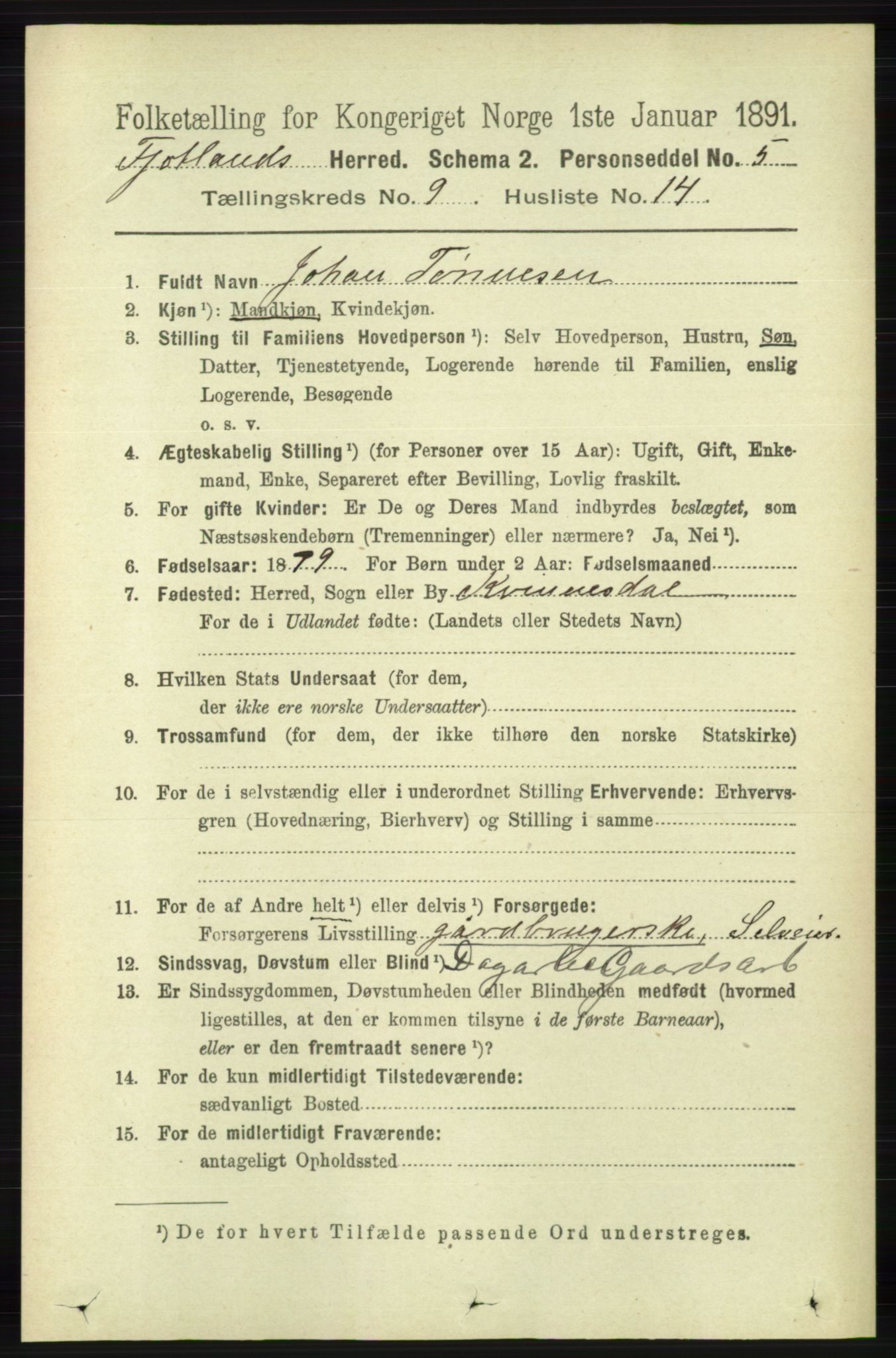 RA, 1891 census for 1036 Fjotland, 1891, p. 1380