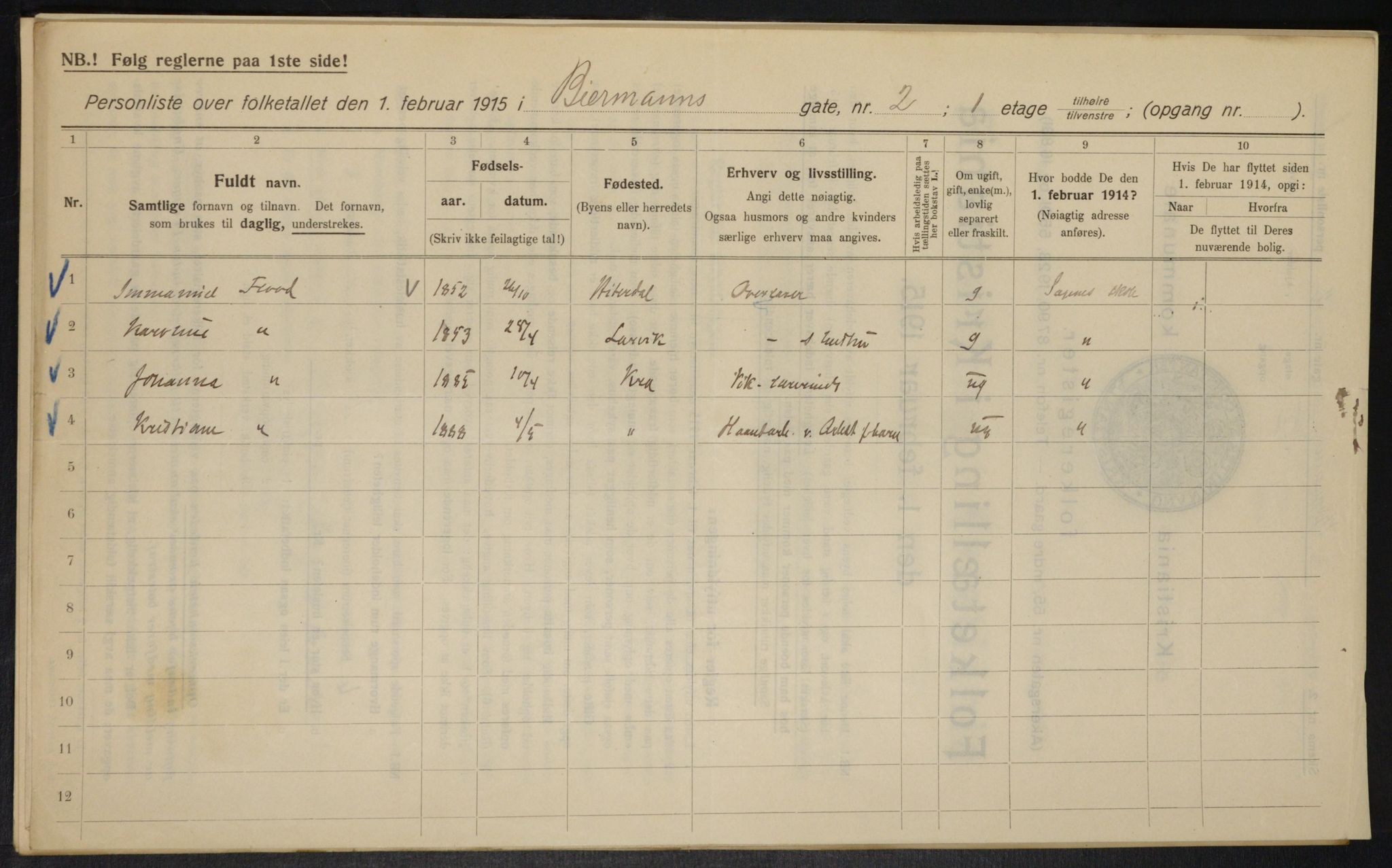 OBA, Municipal Census 1915 for Kristiania, 1915, p. 4829